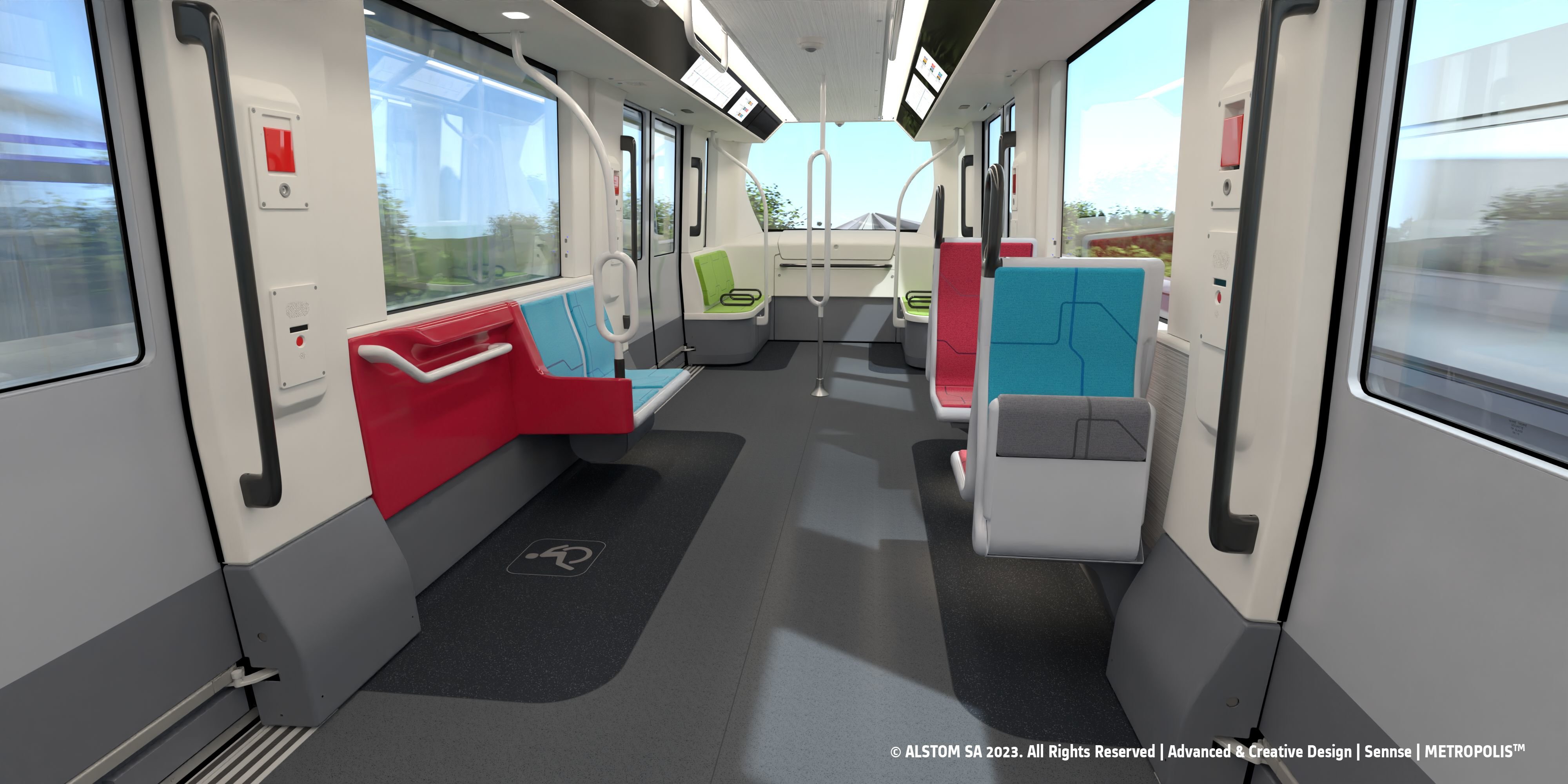 Le design intérieur des futures rames de la future ligne 18 de métro du Grand Paris express a été dévoilé par Alstom, Ile-de-France Mobilités et la Société du Grand Paris. @Alstom SA 2023.