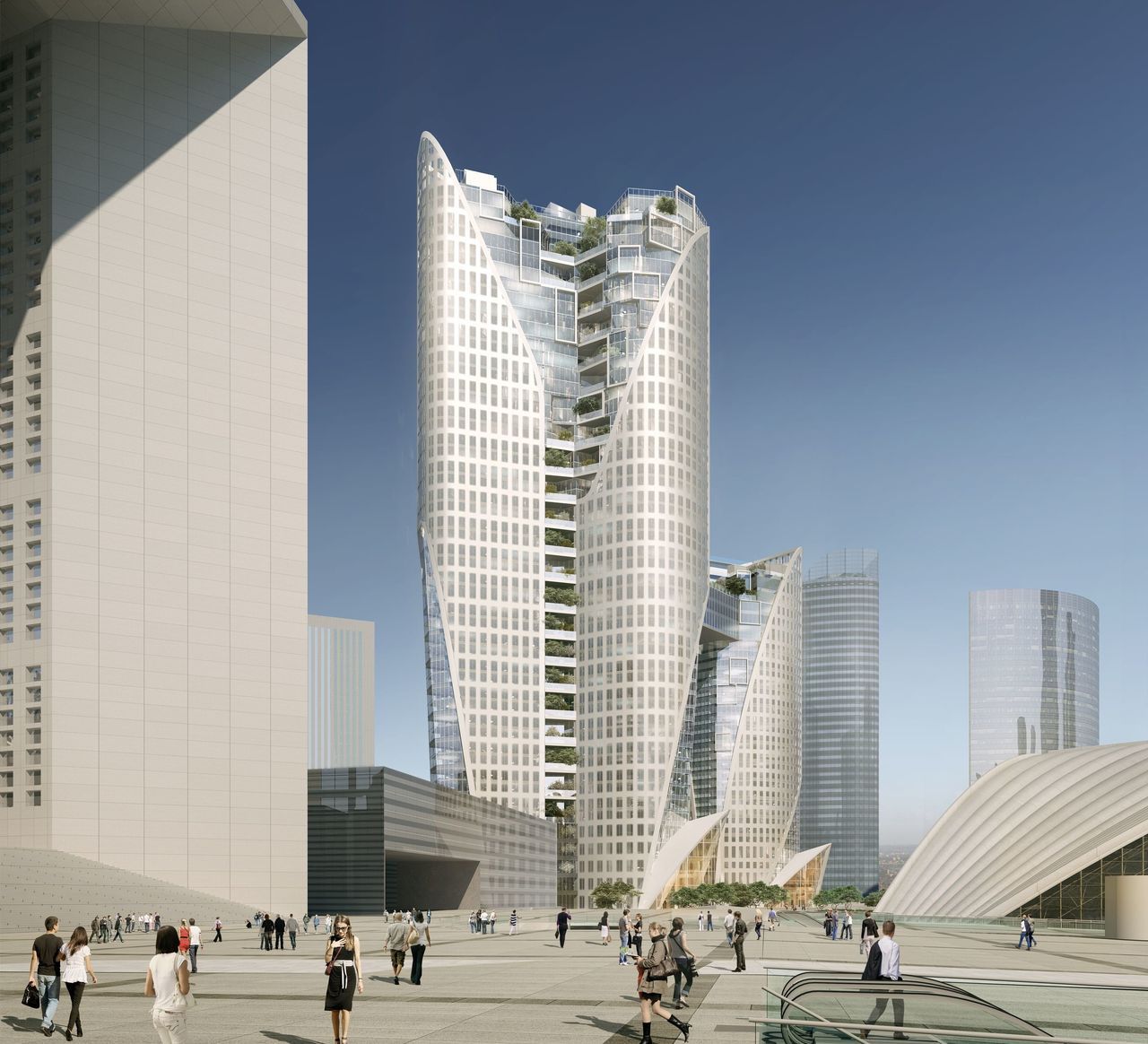 La Défense (Hauts-de-Seine). Visuel du projet des tours Sisters, qui devaient s’élever à 200 m de haut depuis la place Carpeaux. L'Autre Image/Agence Christian de Portzamparc