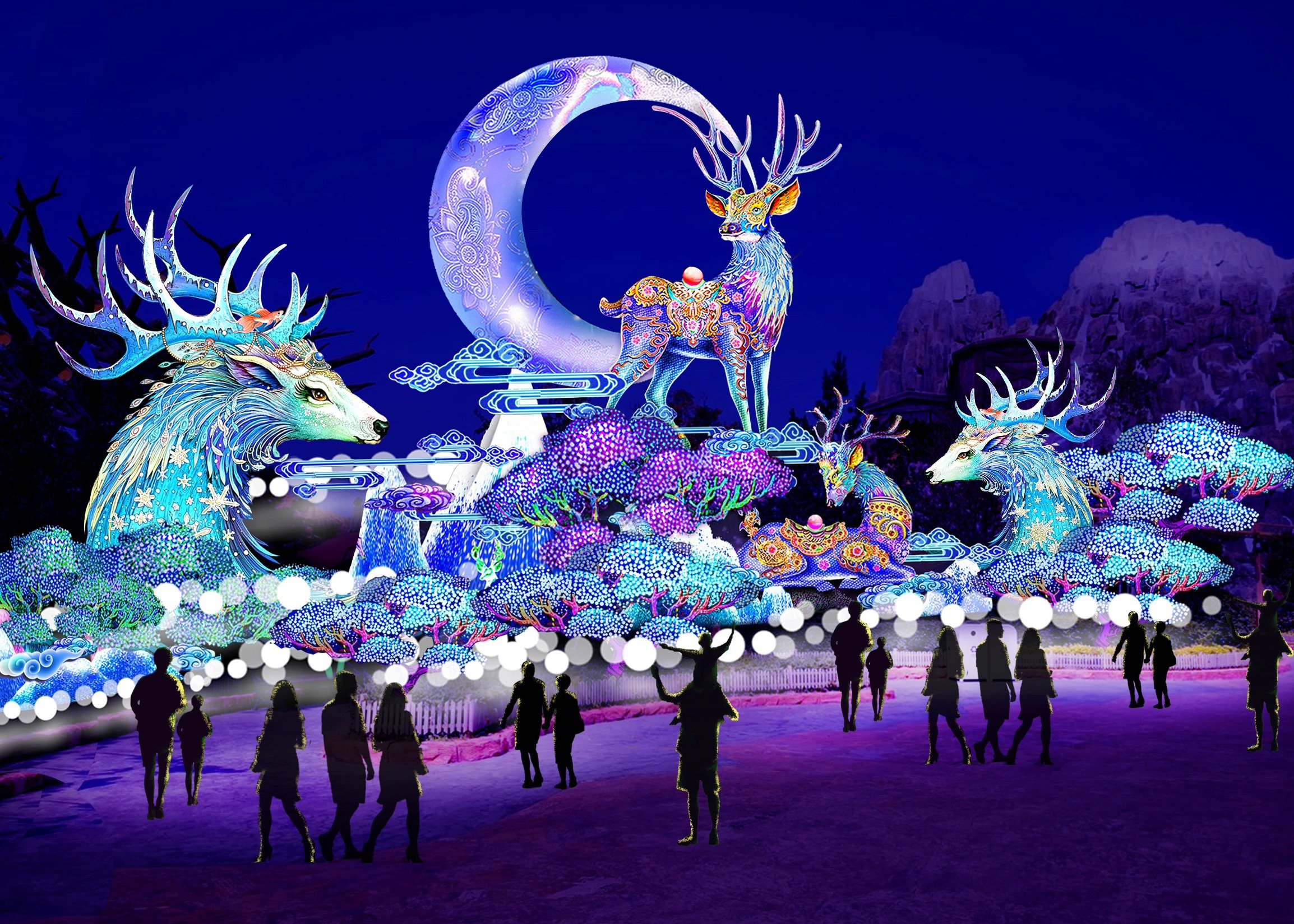L'un des 45 tableaux du prochain Festival des Lanternes de Blagnac. Il représente la légende du cerf magique Fuzhu. DR