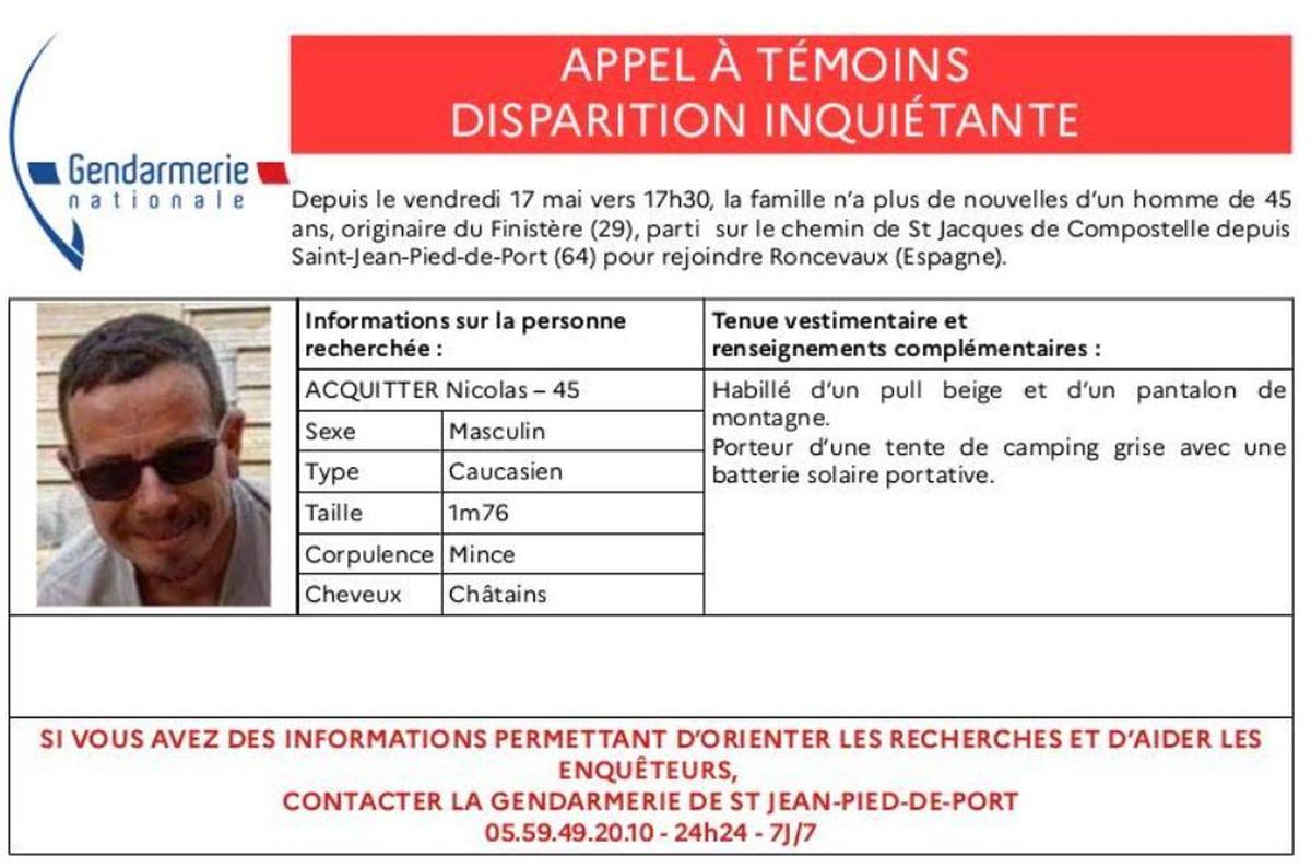 La gendarmerie a lancé un appel à témoins pour retrouver Nicolas Acquitter. DR/Gendarmerie nationale