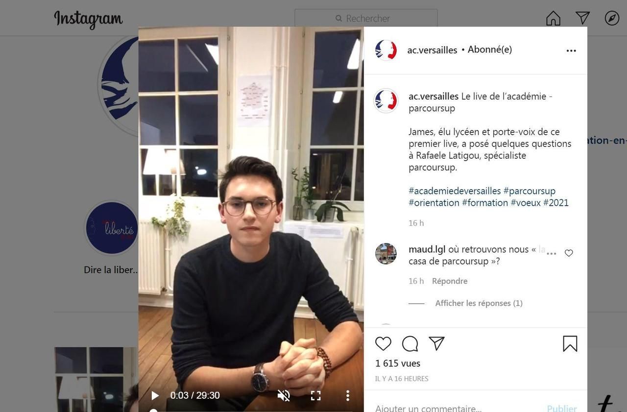 <b></b> L’académie de Versailles a organisé mercredi son premier Live Instagram permettant aux lycéens de poser leurs questions sur Parcoursup (Capture écran).