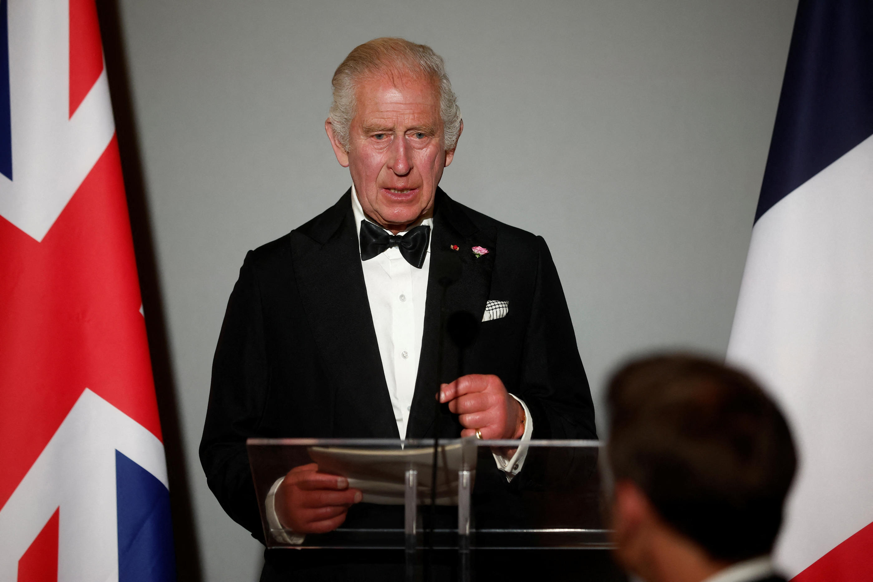 Le roi Charles III a tenu un discours en alternant français et anglais pour ouvrir le diner dans la galerie des Glaces du château de Versailles. REUTERS/Benoit Tessier