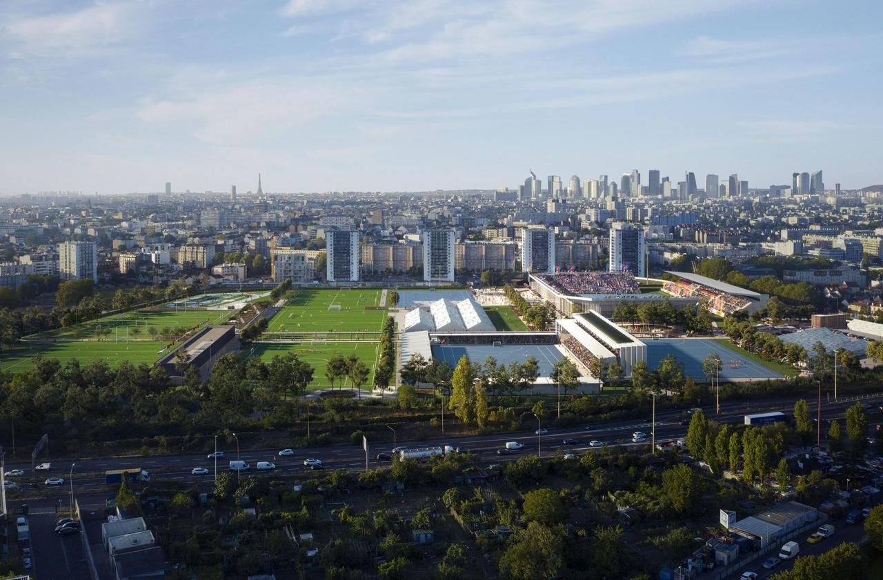 <b></b> Colombes (Hauts-de-Seine). En image de synthèse, la vue aérienne du stade départemental Yves-du-Manoir, qui sera rénové pour les Jeux olympiques de 2024.