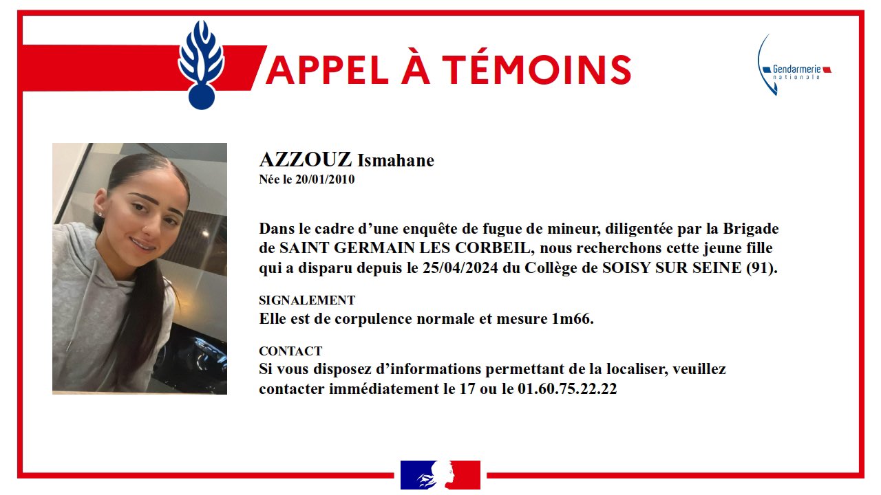 Un appel à témoins a été émis par la gendarmerie pour tenter de retrouver Ismahane, 14 ans, disparue depuis le 25 avril. DR/ Gendarmerie de l'Essonne
