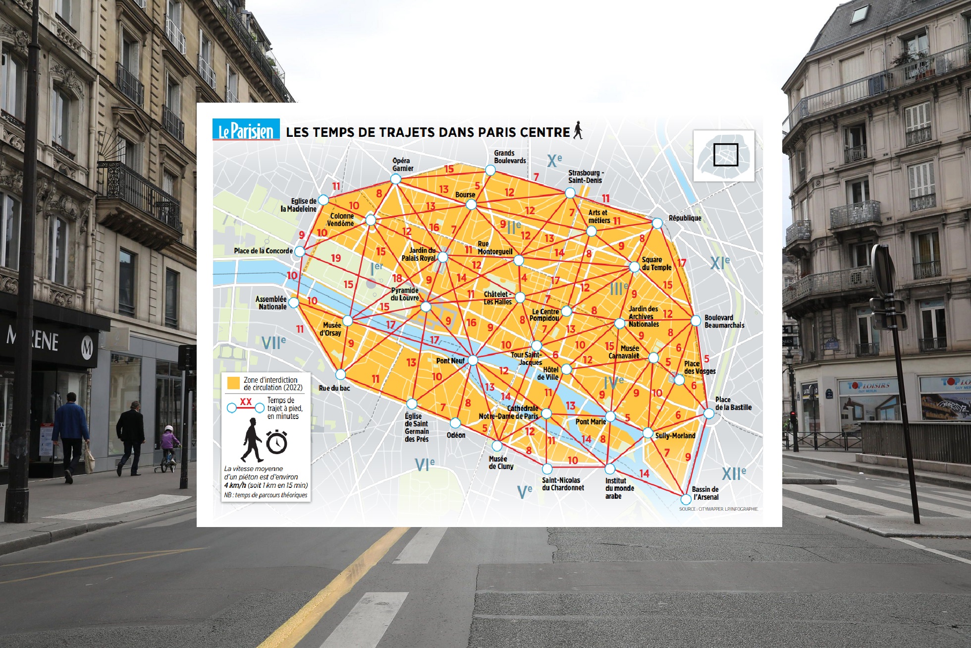 -Piétonnisation de Paris centre : les temps de parcours à pied en une infographie