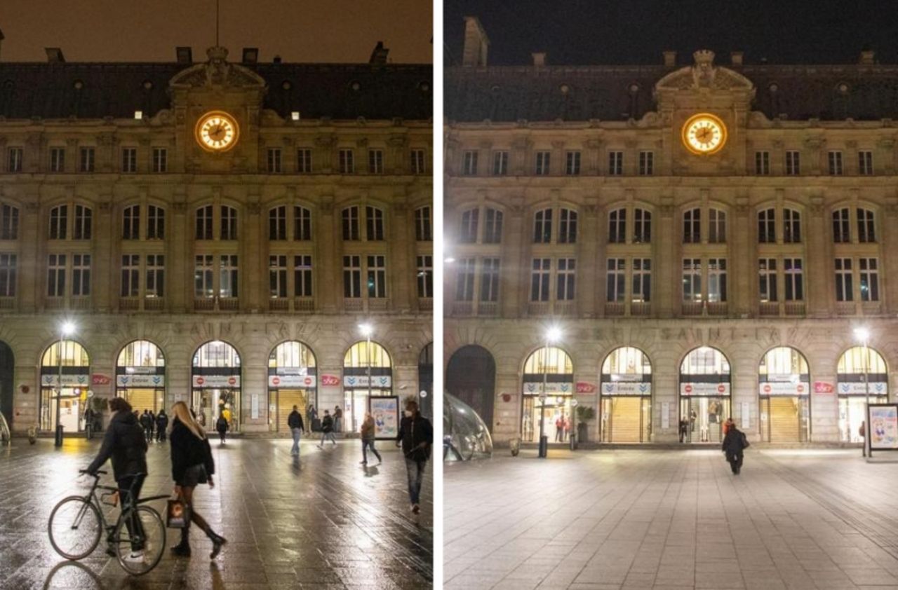 <b></b> Le parvis de la gare Saint-Lazare, lundi et mardi soir aux environs de 20 heures, déserté après l’entrée en vigueur du couvre-feu.