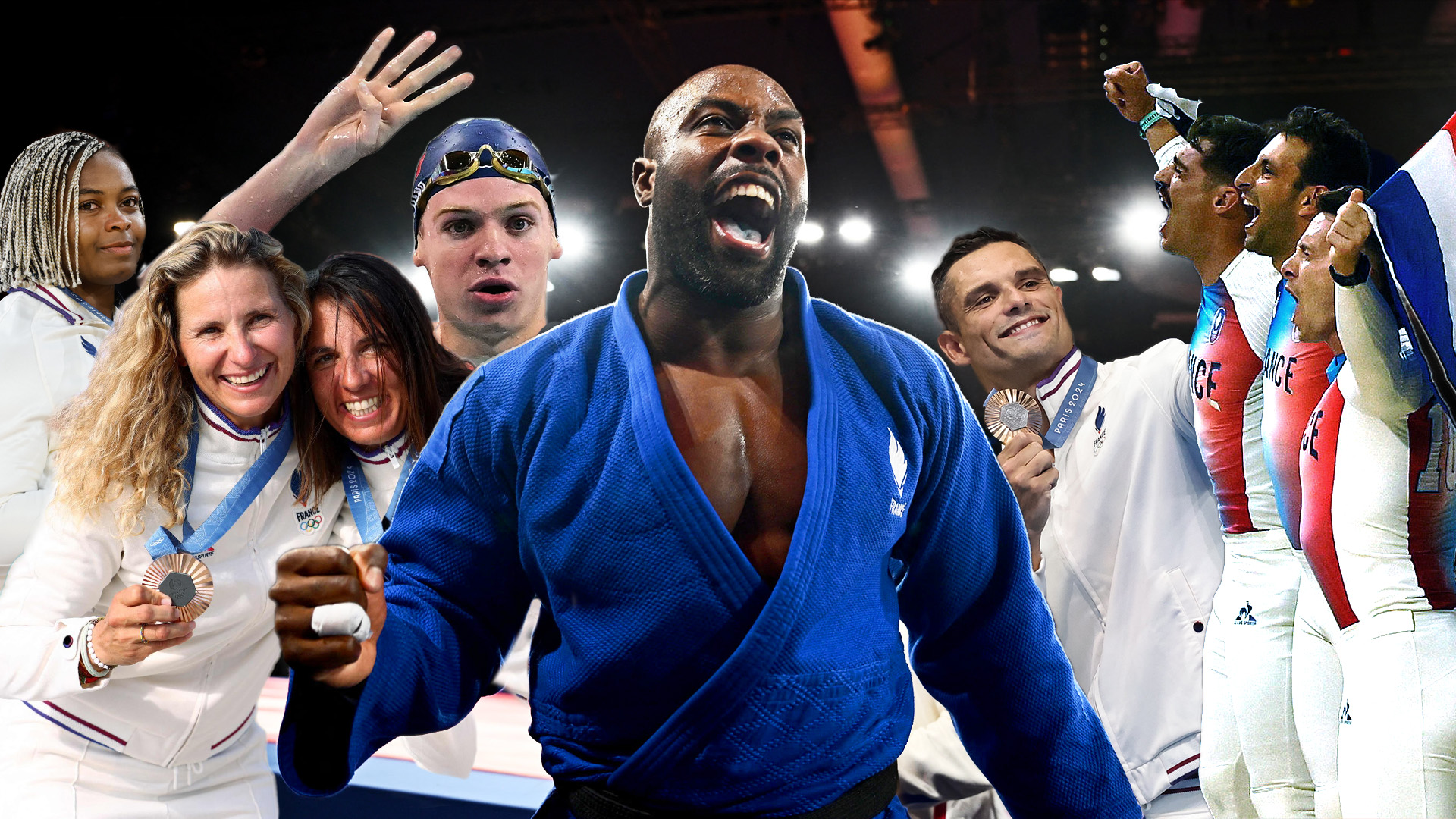 Teddy Riner, Léon Marchand et Florent Manaudou ont écrits l'histoire du sport français ce vendredi 2 août. Photomontage