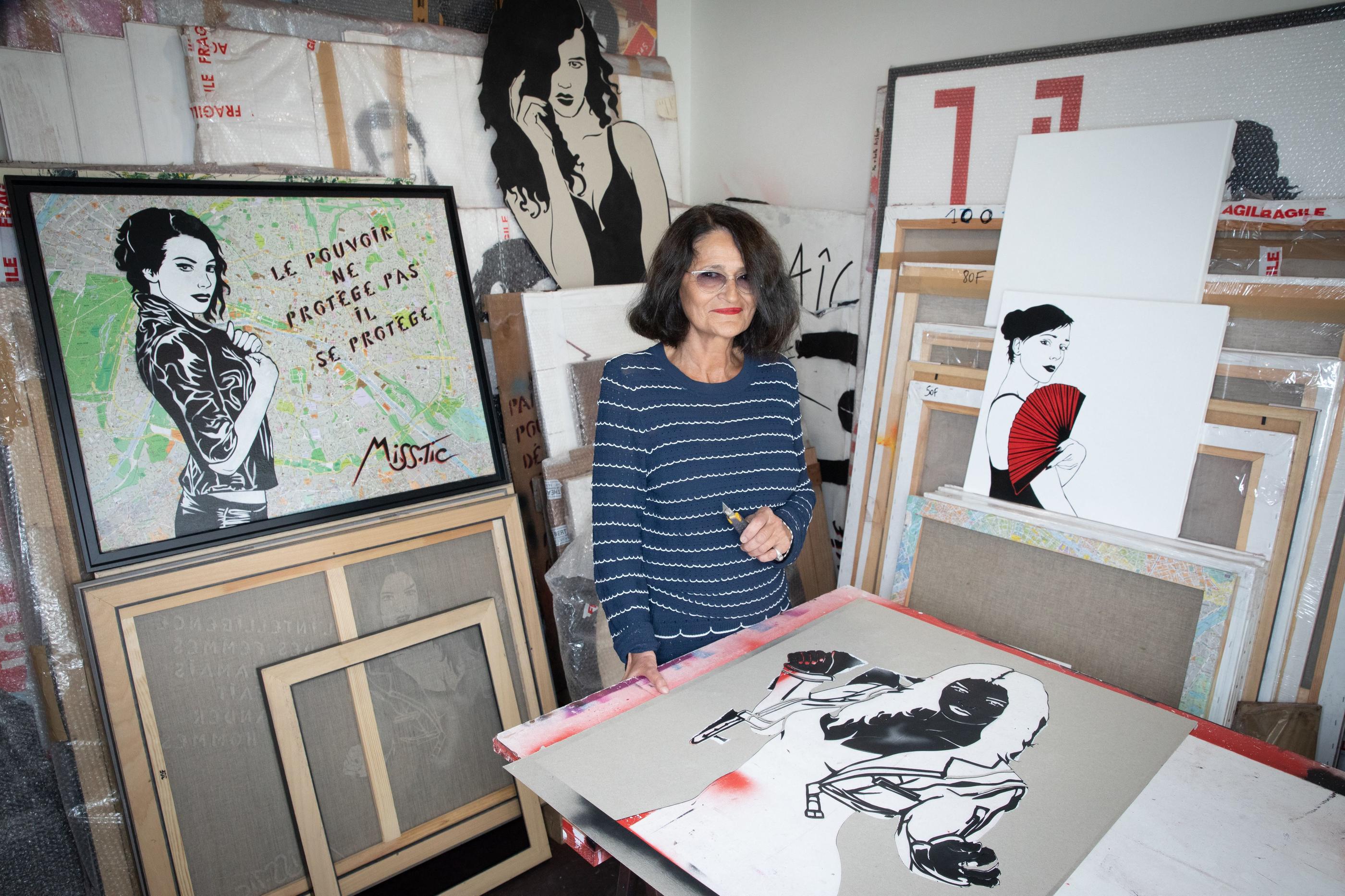 Radhia Novat, alias Miss. Tic, dans son atelier de la Butte-aux-Cailles (Paris XIIIe) en juillet 2020. LP/Fred Dugit