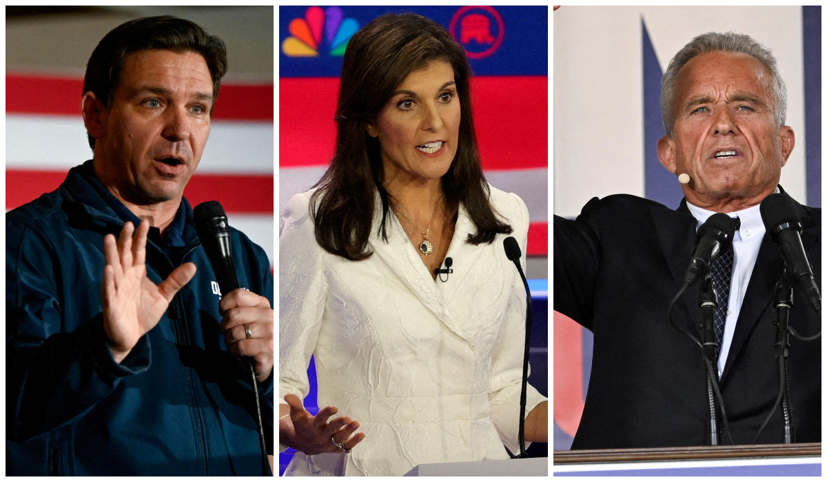 Les républicains Ron DeSantis, Nikki Haley et l'indépendant Robert Kennedy Jr sont candidats à la présidentielle américaine de 2024. Reuters/Vincent Alban ; Reuters/ Mike Segar ; Reuters Mark Makela