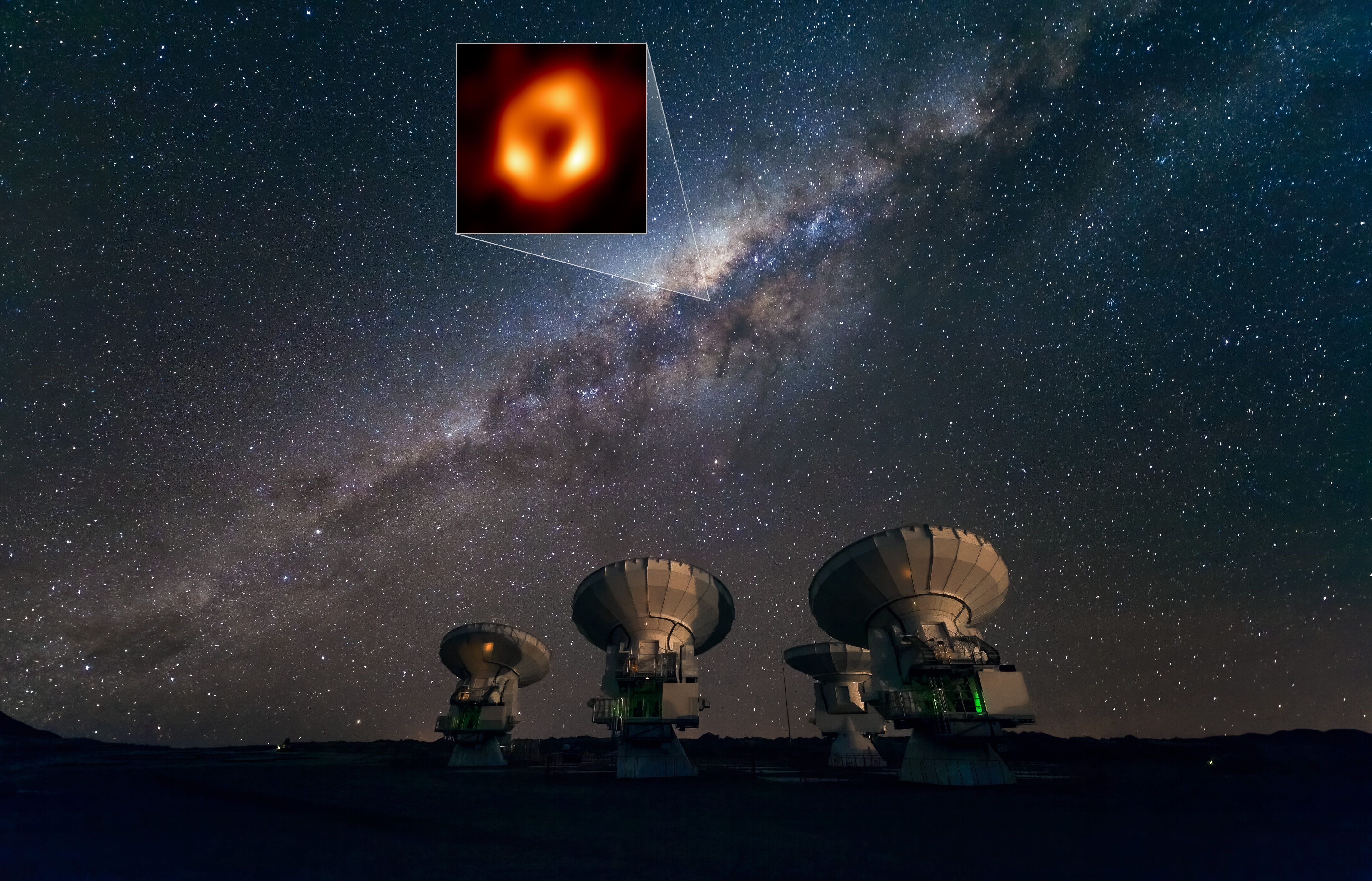 L'observatoire Alma, au Chili, qui a participé à l'obtention de la première image du trou noir de la Voie lactée, en 2022. ESO/José Francisco Salgado (josefrancisco.org), EHT Collaboration