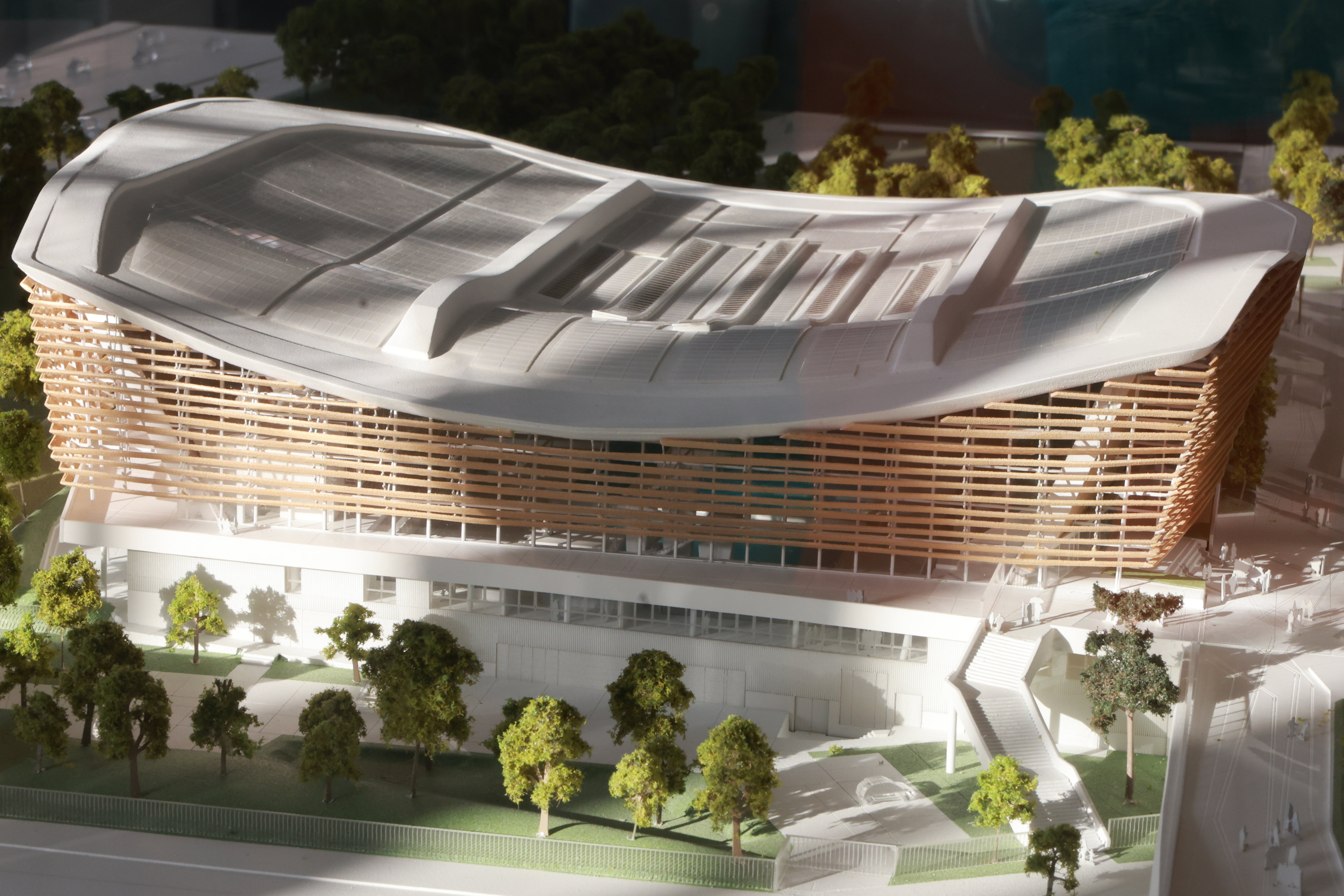 Maquette du futur Centre aquatique olympique situé face au Stade de France, à Saint Denis dont les travaux doivent être achevés avant la fin 2023. LP/Philippe Lavieille