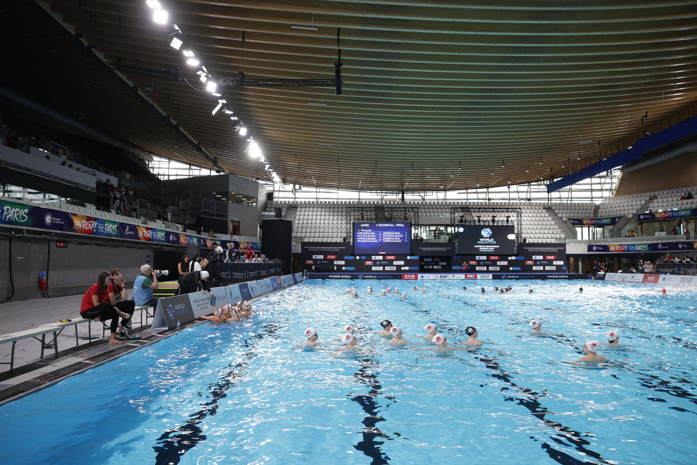 Saint-Denis (Seine-Saint-Denis). Les premières épreuves de plongeon et de water-polo ont lieu ce samedi au Centre aquatique olympique (CAO). LP/Olivier Arandel