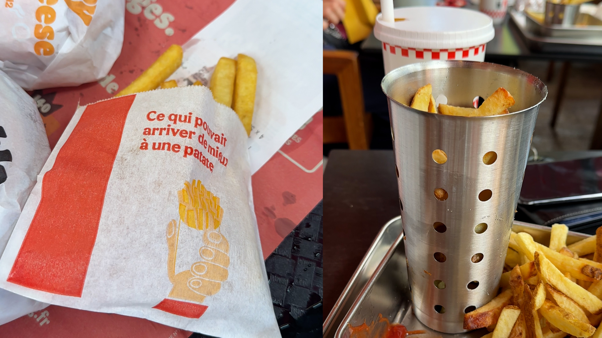 (À gauche), le Mcdonald's des Champs-Élysées continue de servir des frites dans des sachets à jeter. (À droite), le Five Guys situé dans la même avenue, propose de la vaisselle réutilisable, sauf pour ses boissons.