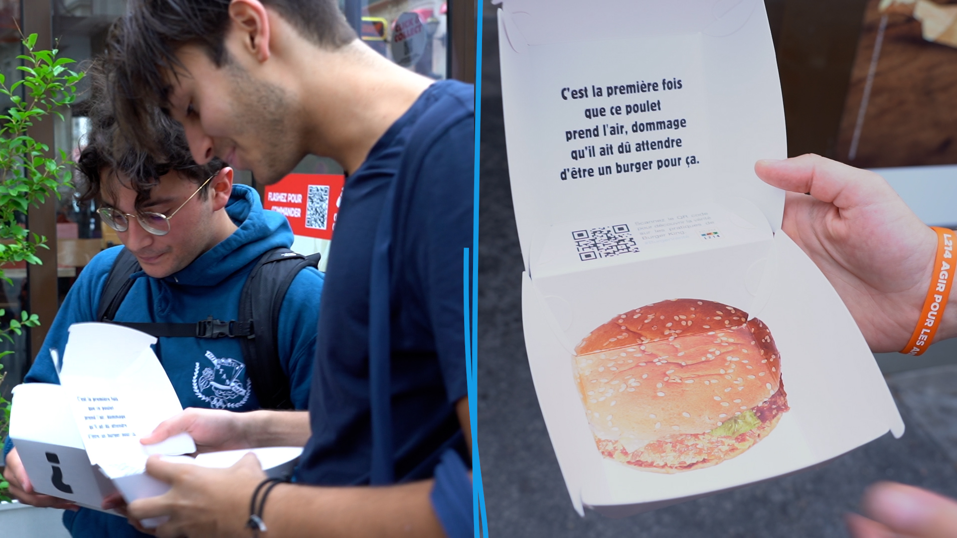 Devant le Burger King de Montparnasse dans le XIVe arrondissement de Paris, l'association de défense des animaux, L214 ont mené une opération « vérité ». Ils dénoncent les conditions d'élevage et d'abattage des poulets et demandent à Burger King de s'engager contre ces pratiques cruelles.