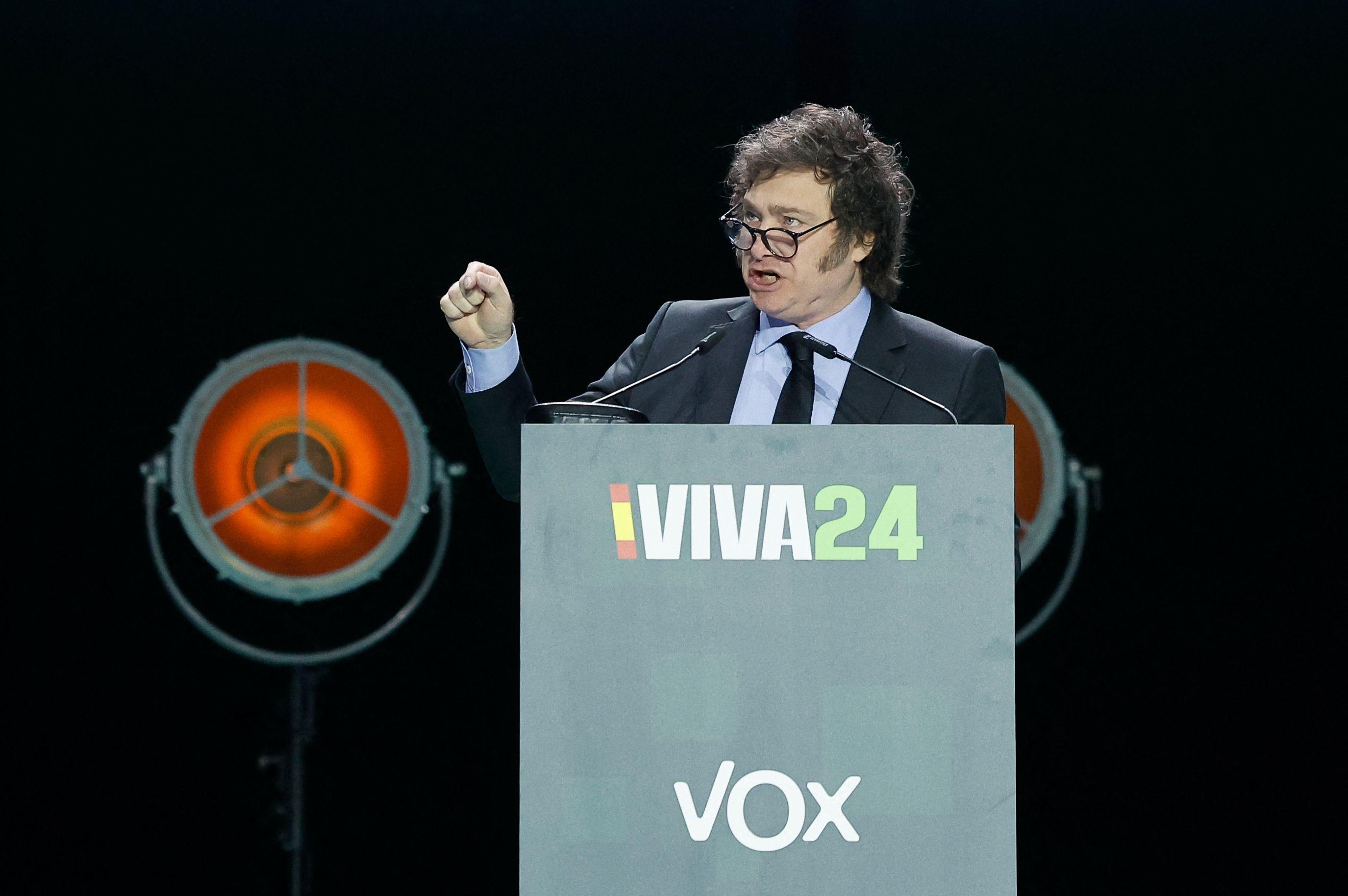 Javier Milei, président de l'Argentine, participait à la Convention « Europa Viva 24 » organisée par le parti d’extrême droite espagnol Vox. AFP / Oscar del Pozo