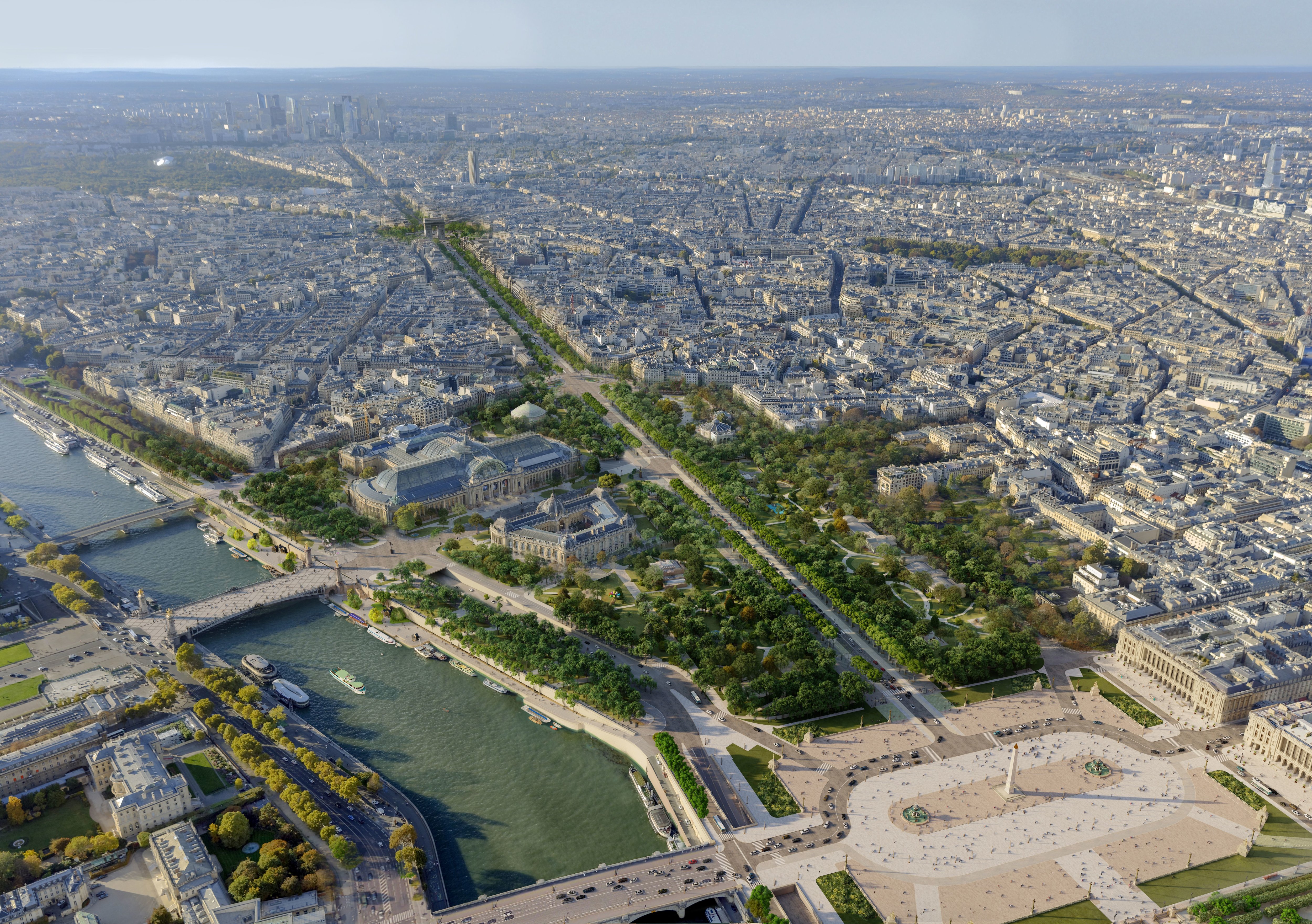 Le comité des Champs-Élysées préconise, entre autres, d'étendre les jardins du bas de l'avenue au-dessus des souterrains routiers qui les longent pour les reconnecter aux quais de Seine (Image de synthèse). PCA-STREAM