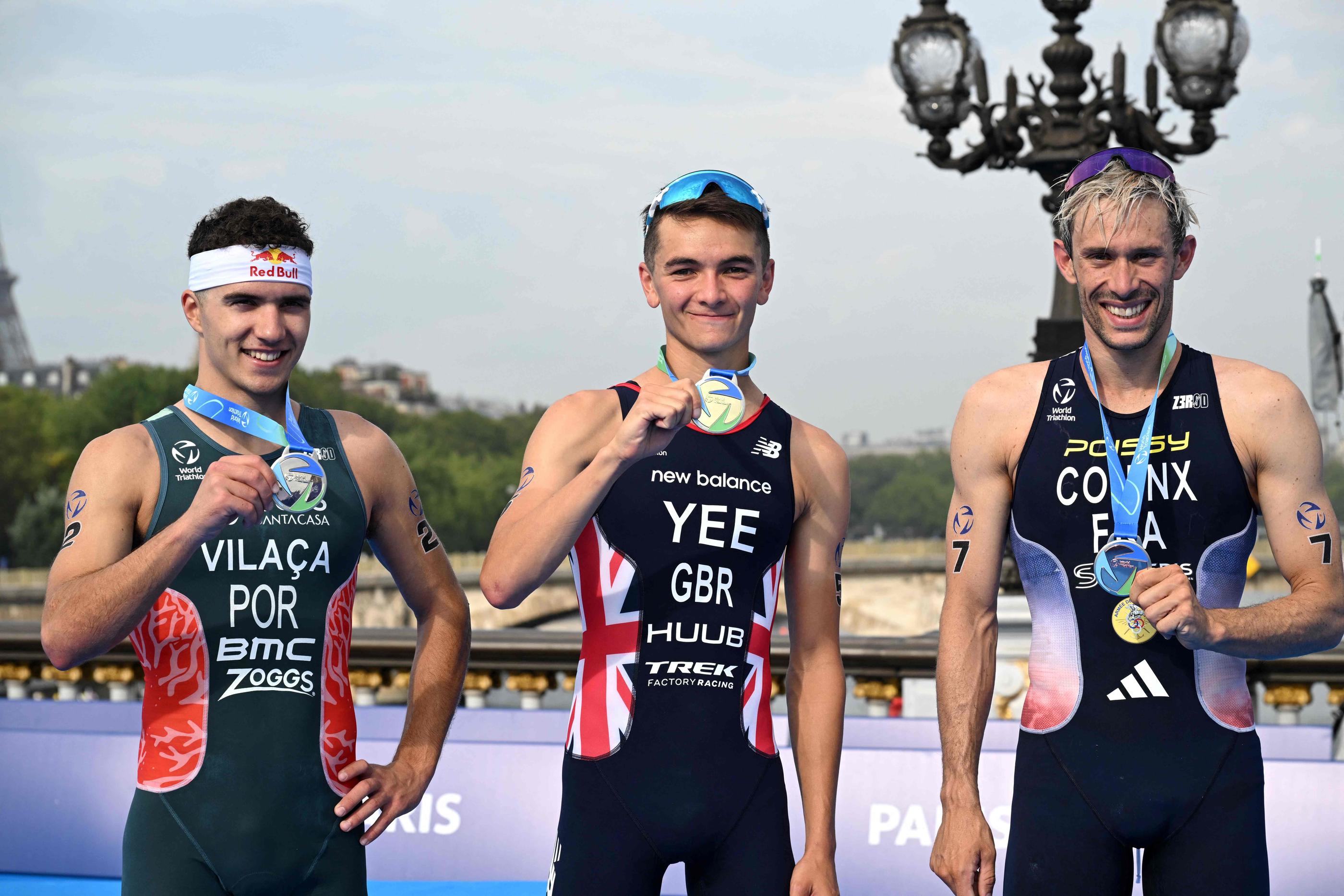 Dorian Coninx a pris la troisième place du Test Event de triathlon organisé ce vendredi à Paris et a marqué de précieux points en vue des Jeux olympiques. Bertrand GUAY/AFP