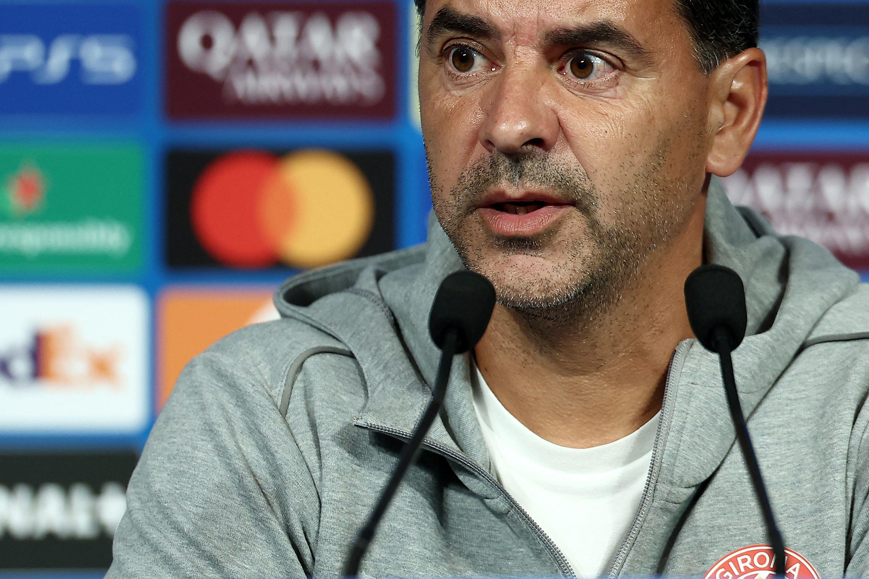 L'entraîneur espagnol de Gérone, Michel, lors de la conférence de presse de veille de match face au PSG, s'est dit admiratif de la philosophie de Luis Enrique, parlant même de lui comme une référence. (Photo by FRANCK FIFE / AFP)