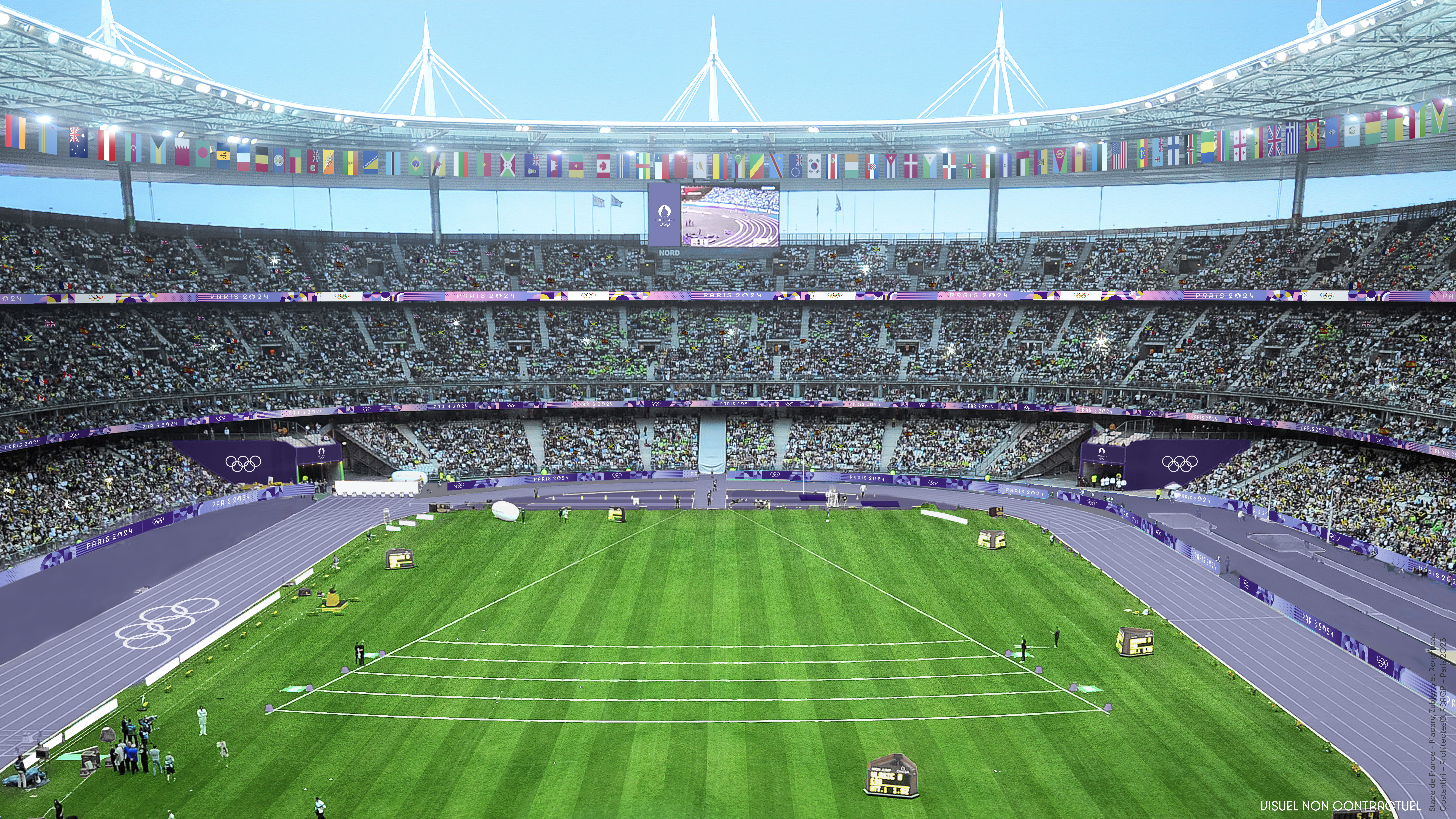 La piste violette du Stade de France pendant les JO de Paris 2024