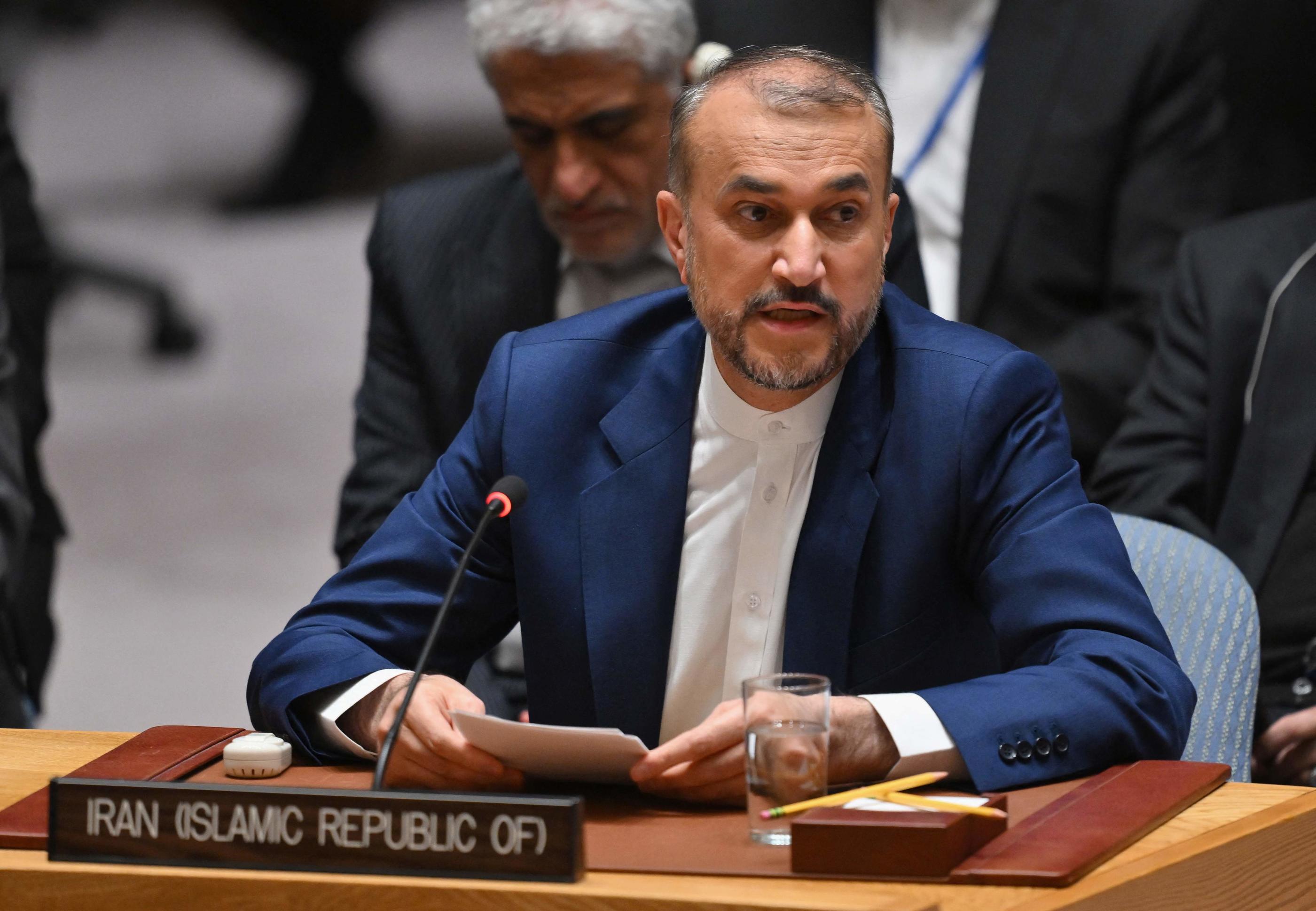 Le ministre iranien des Affaires étrangères, Hossein Amir Abdollahian, au Conseil de sécurité de l'ONU à New York, le 18 avril 2024. AFP/ANGELA WEISS