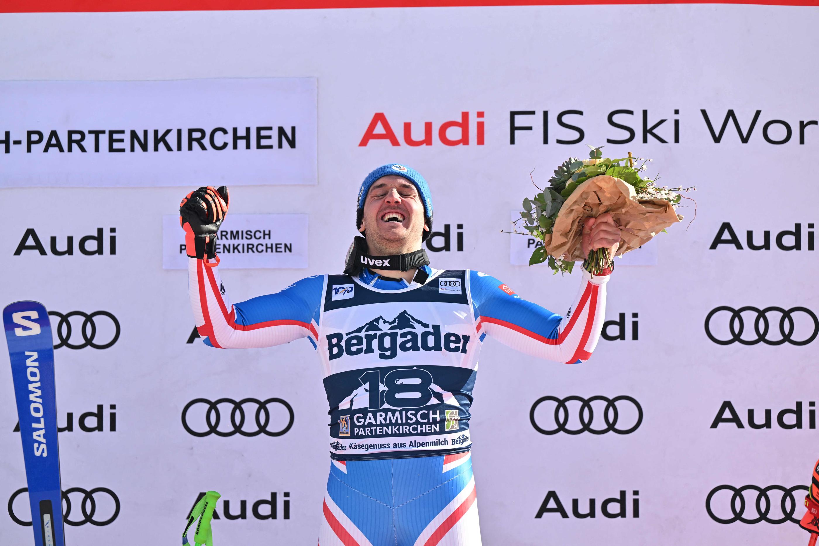 Quatrième à Val Gardena en décembre, le Français Nils Allègre décroche la première victoire de sa carrière sur le Super-G de Garmisch-Partenkirchen. AFP/Kerstin Joensson