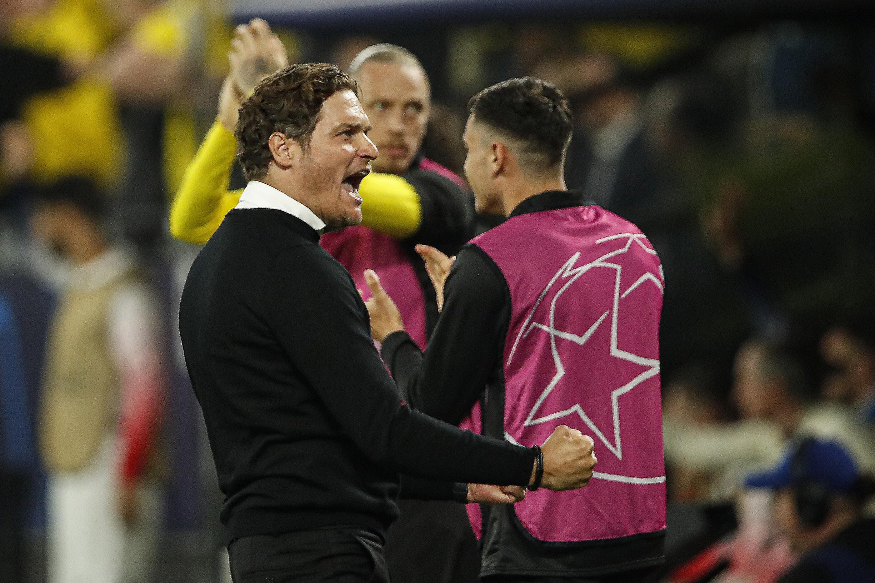 La joie d'Edin Terzic après la victoire de Dortmund face au PSG ce mercredi en demi-finale aller de Ligue des champions. Icon Sport