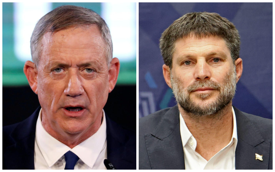 Le centriste Benny Gantz, à gauche, et le membre de l'extrême droite Bezalel Smotrich, à droite s'opposent sur un éventuel accord de trêve avec le Hamas. Reuters /Amir Cohen, AFP/Gil Cohen-Magen.