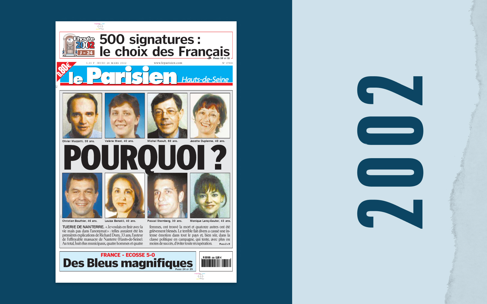 28 mars 2002. Les visages des huit victimes de la tuerie de Nanterre (Hauts-de-Seine) sont à l'honneur en une du Parisien. Le Parisien-DA