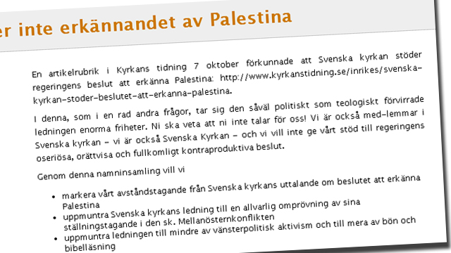 Upprop mot Svenska kyrkans Palestinastöd