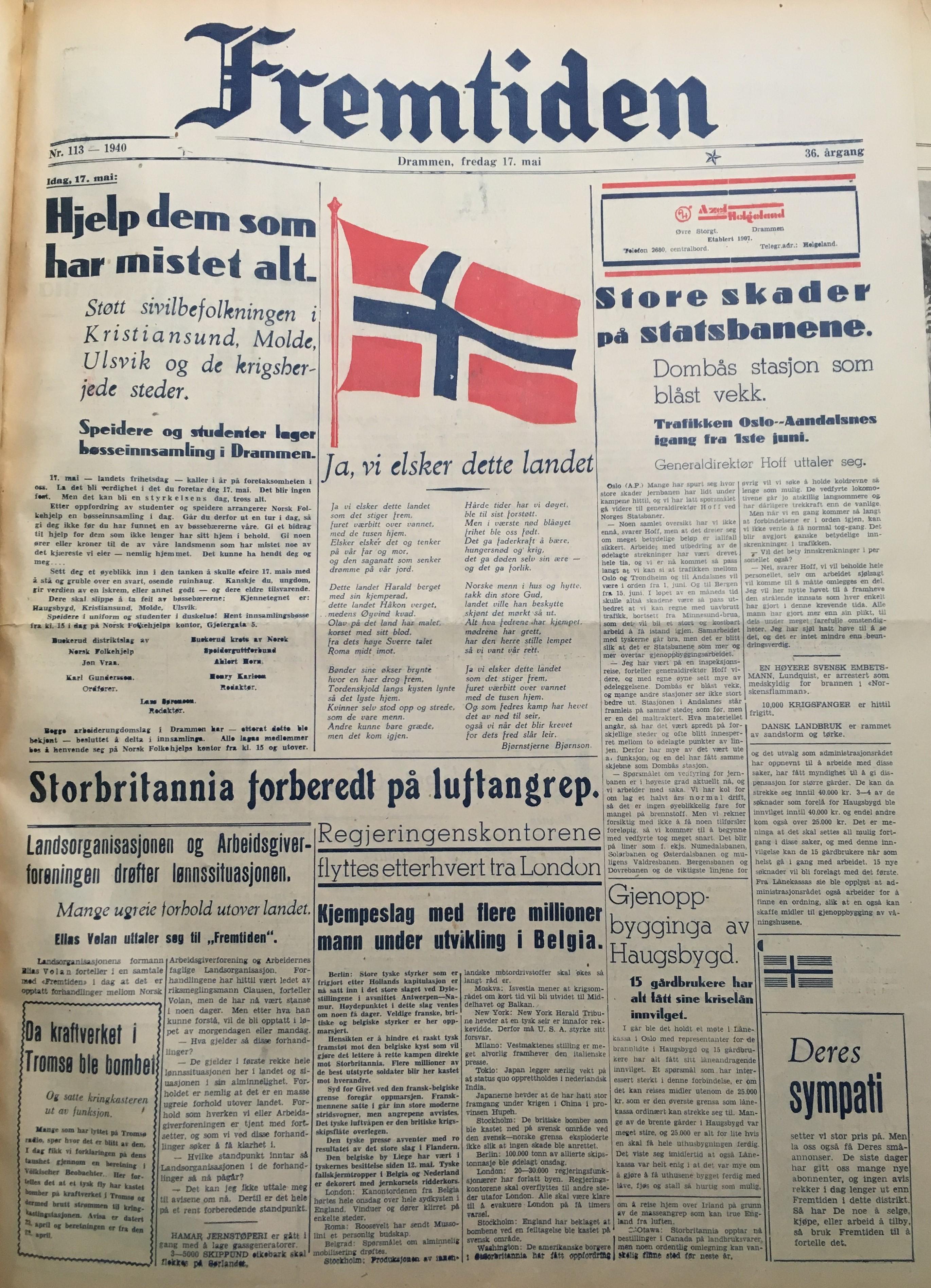 Fremtidens forside 17. mai 1940.