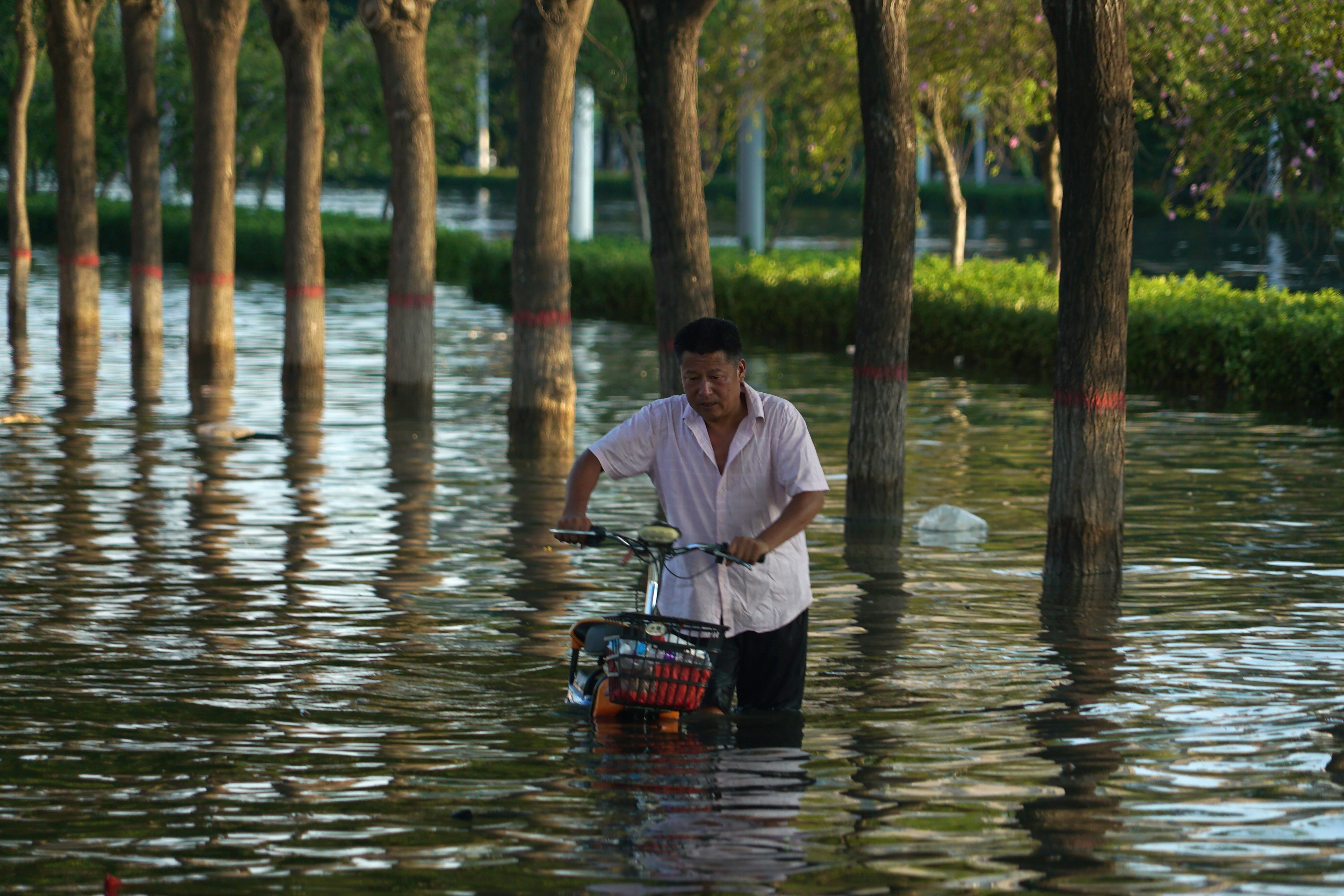 En mann dytter sykkelen sin gjennom vannmassene i byen Xinxiang i Henan-provinsen sentralt i Kina. Minst 302 personer har mistet livet i storflommen som har herjet regionen den siste tiden. Foto: Dake Kang / AP / NTB