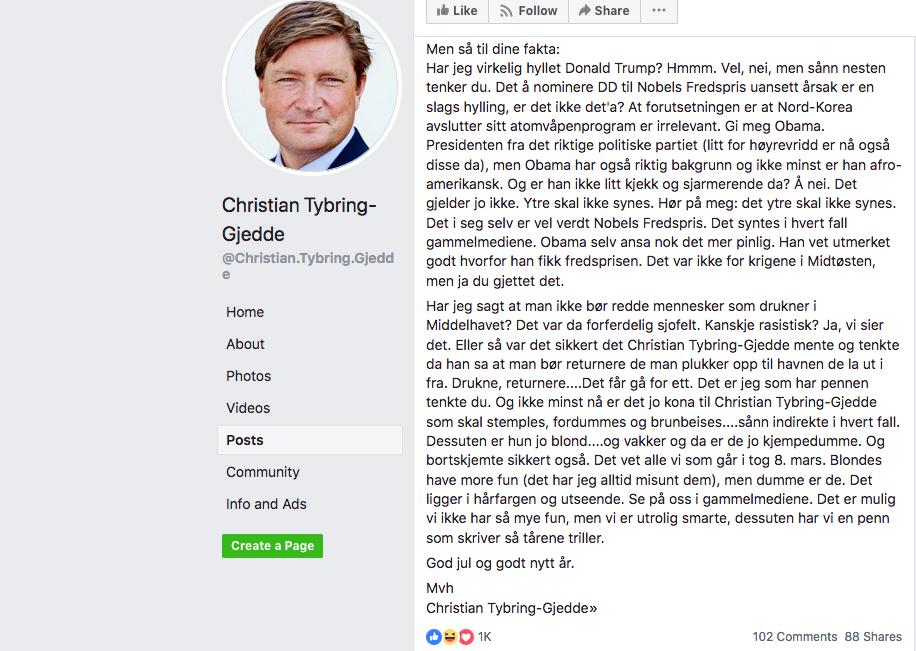 HETS: Politiker og stortingsrepresentant Christian Tybring-Gjedde hetser en Klar Tale-journalist på sin Facebook-side.