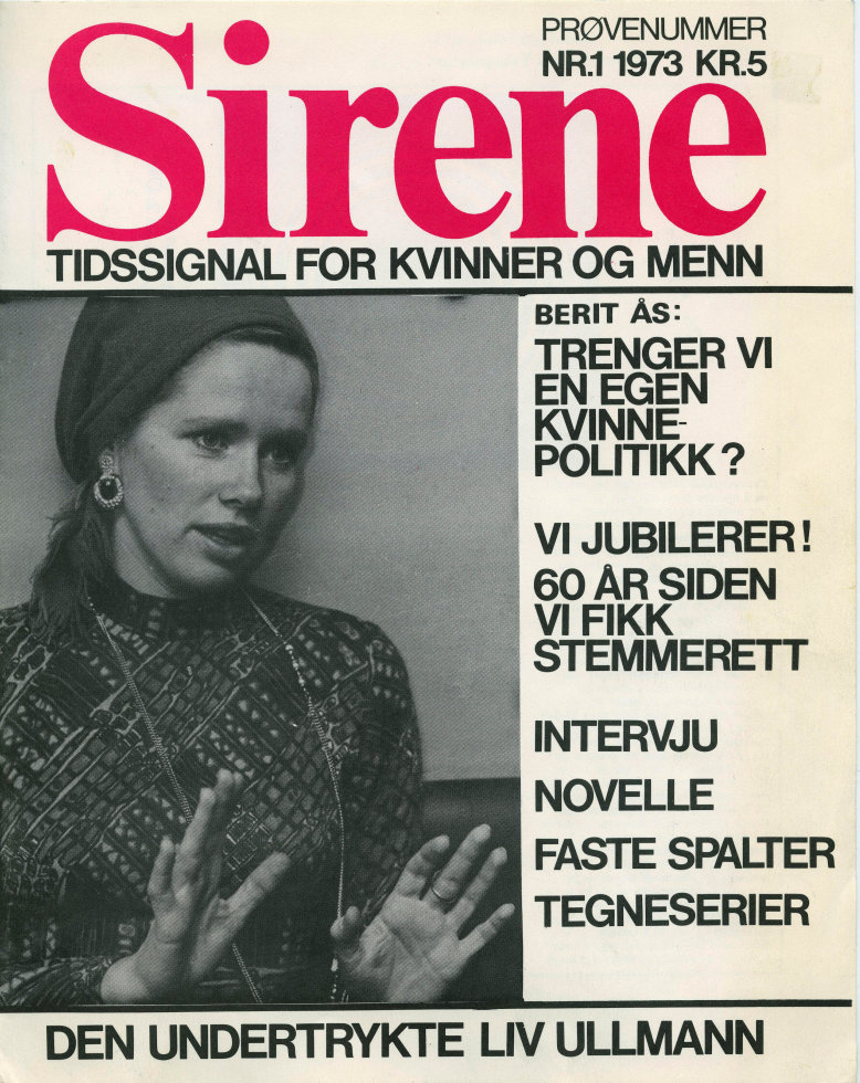 Sirenes første nummer i 1973, med den unge skuespilleren Liv Ullmann som feministisk covergirl. 