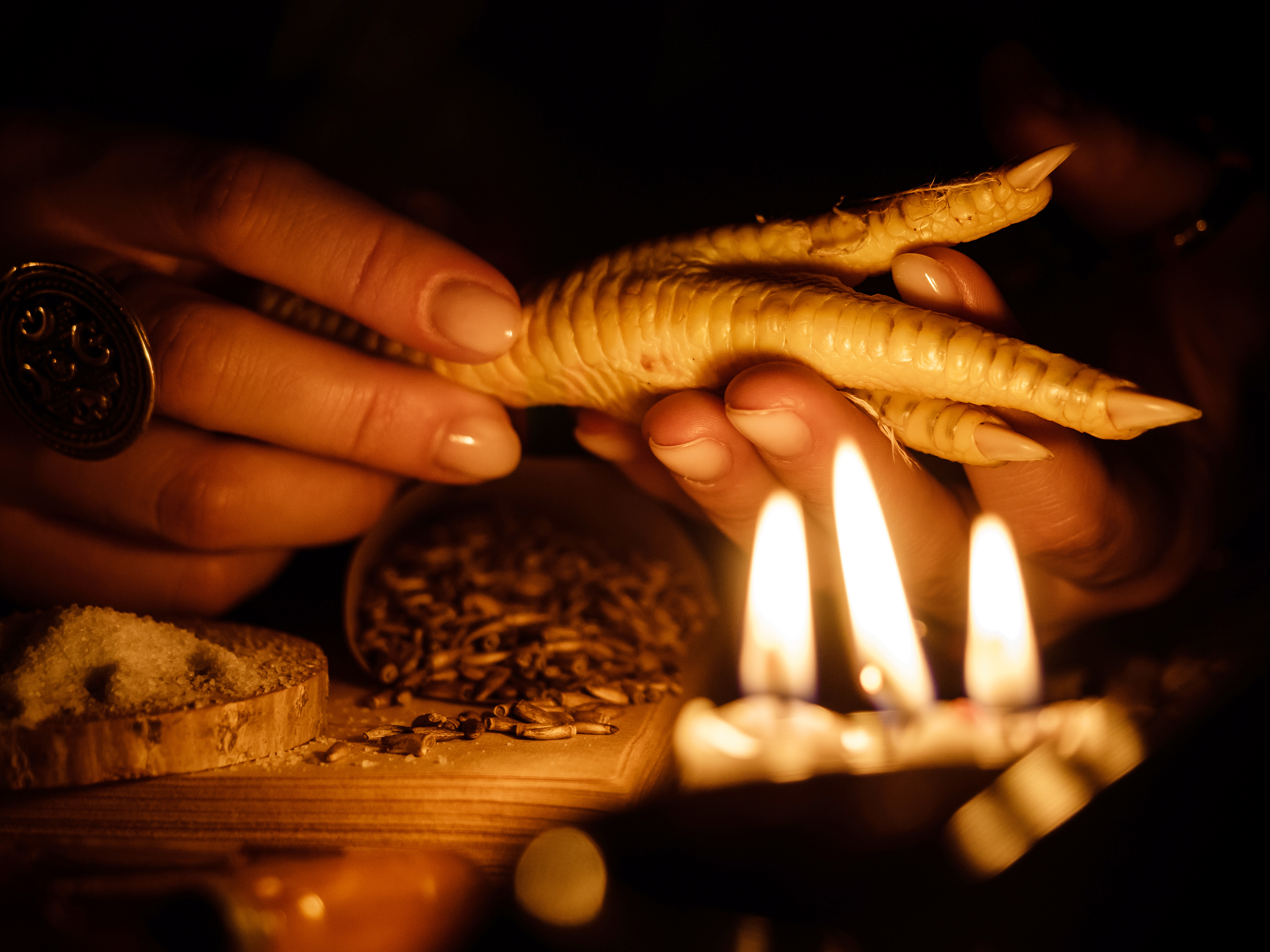 Händer som håller kycklingfötter.  En del av juju-ritualen, som ingår i den afrikanska voodooreligionen.