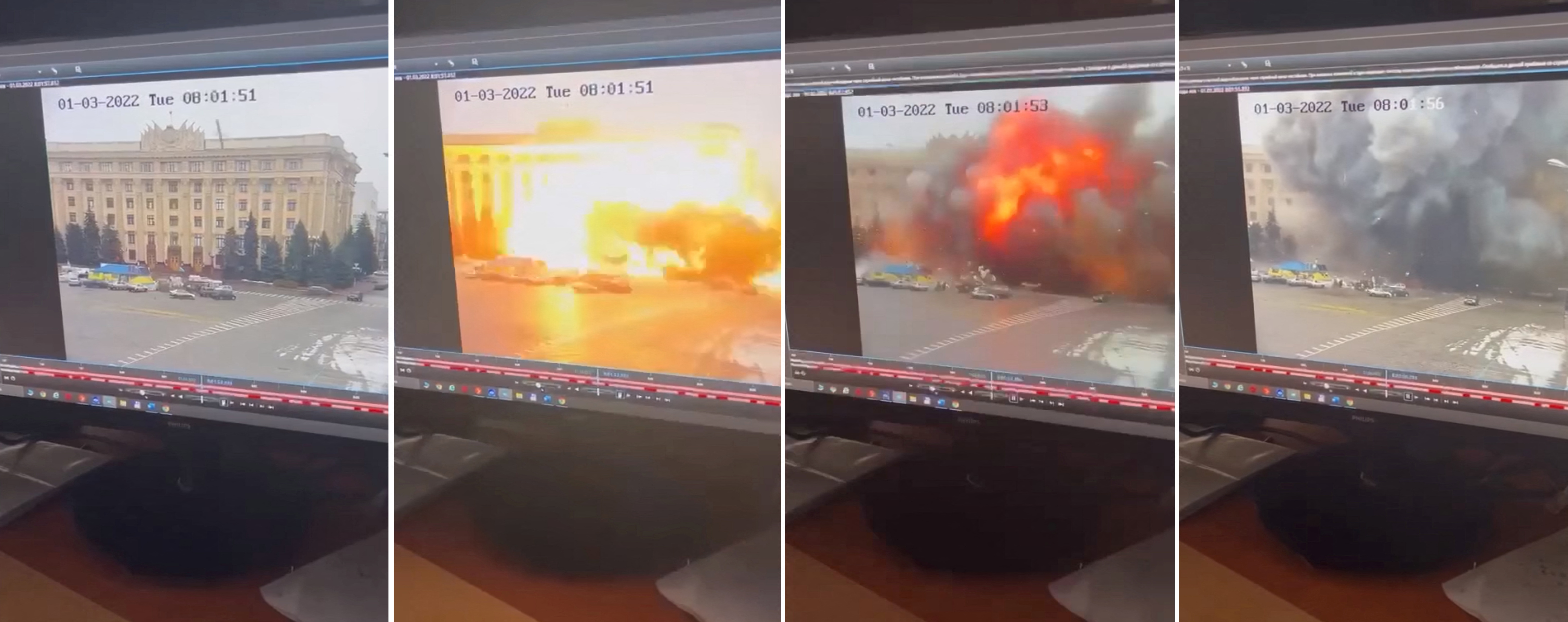 Bilder av en monitor som skal vise en rakett som traff et statlig administrasjonsbygg i Kharkiv tirsdag morgen.