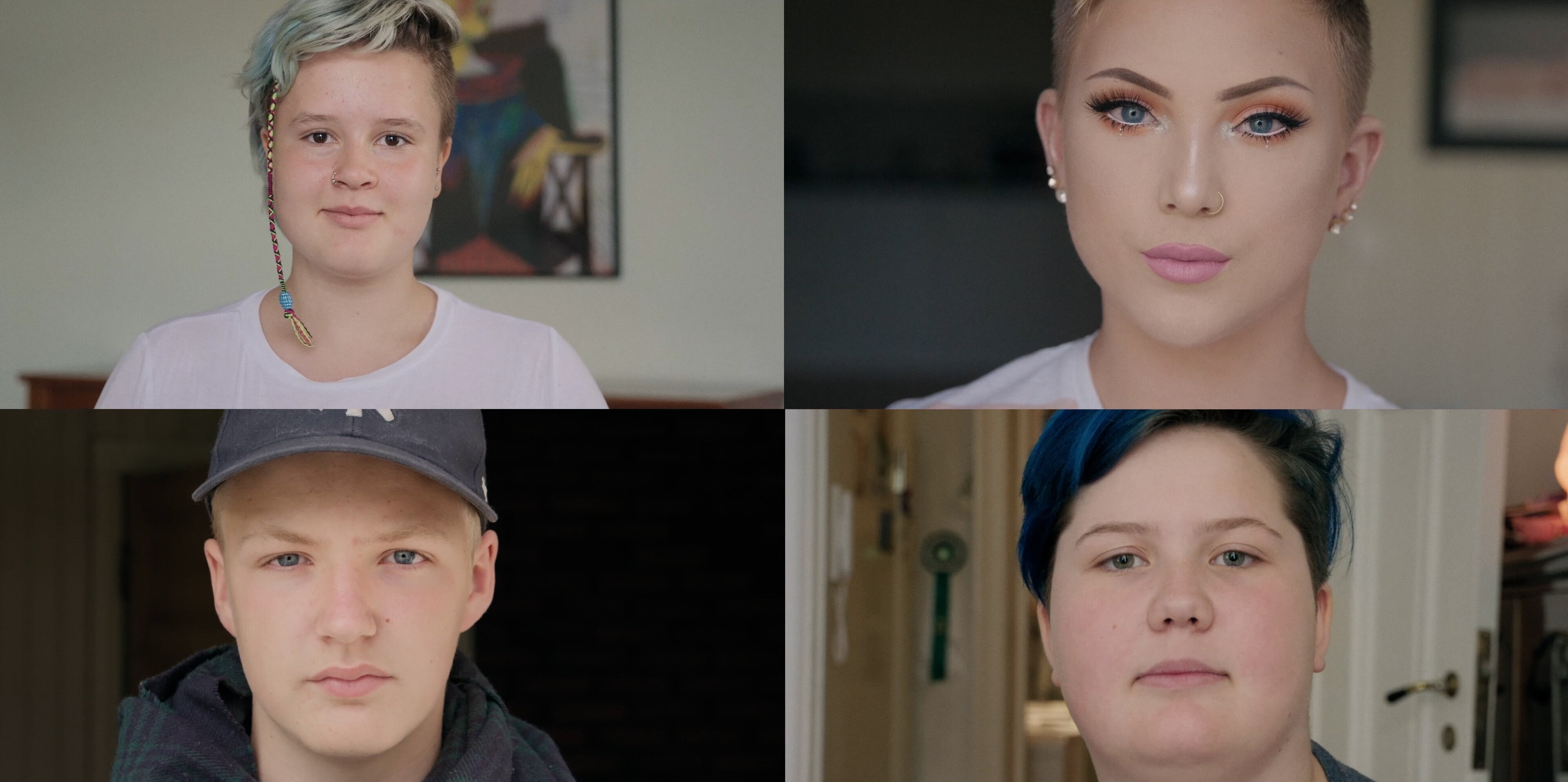 Hovedpersonene i dokumentarfilmen «Hei verden»: Øverst fra v. Runa. (12), Joachim (14). Nederst fra v. Viktor (13) og Dina (13)