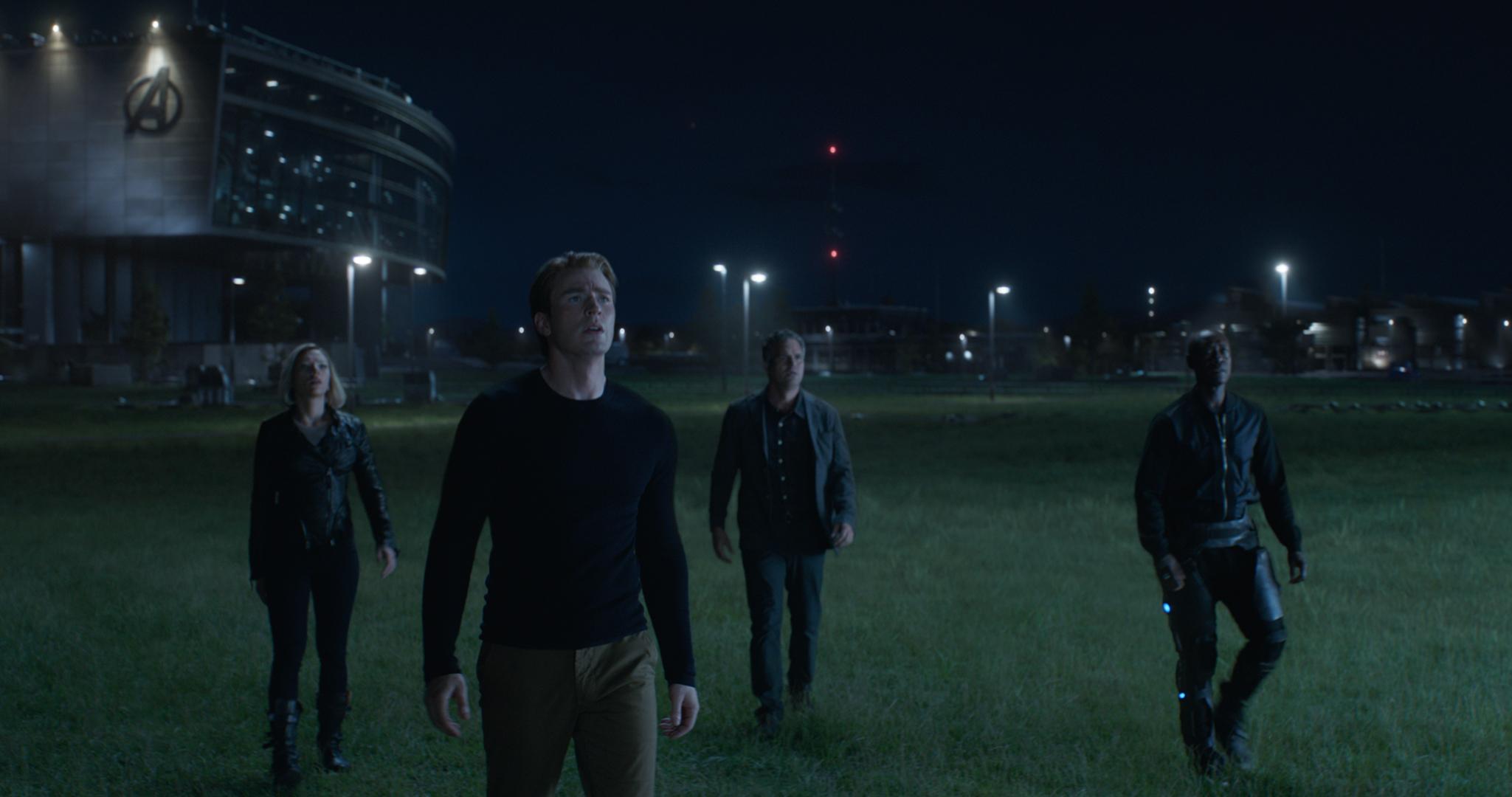 Marvel Studios' AVENGERS: ENDGAME..L to R: Black Widow/Natasha Romanoff (Scarlett Johansson), Captain America/Steve Rogers (Chris Evans), Bruce Banner (Mark Ruffalo), and War Machine/James Rhodes (Don Cheadle)..Photo: Film Frame..©Marvel Studios 2019