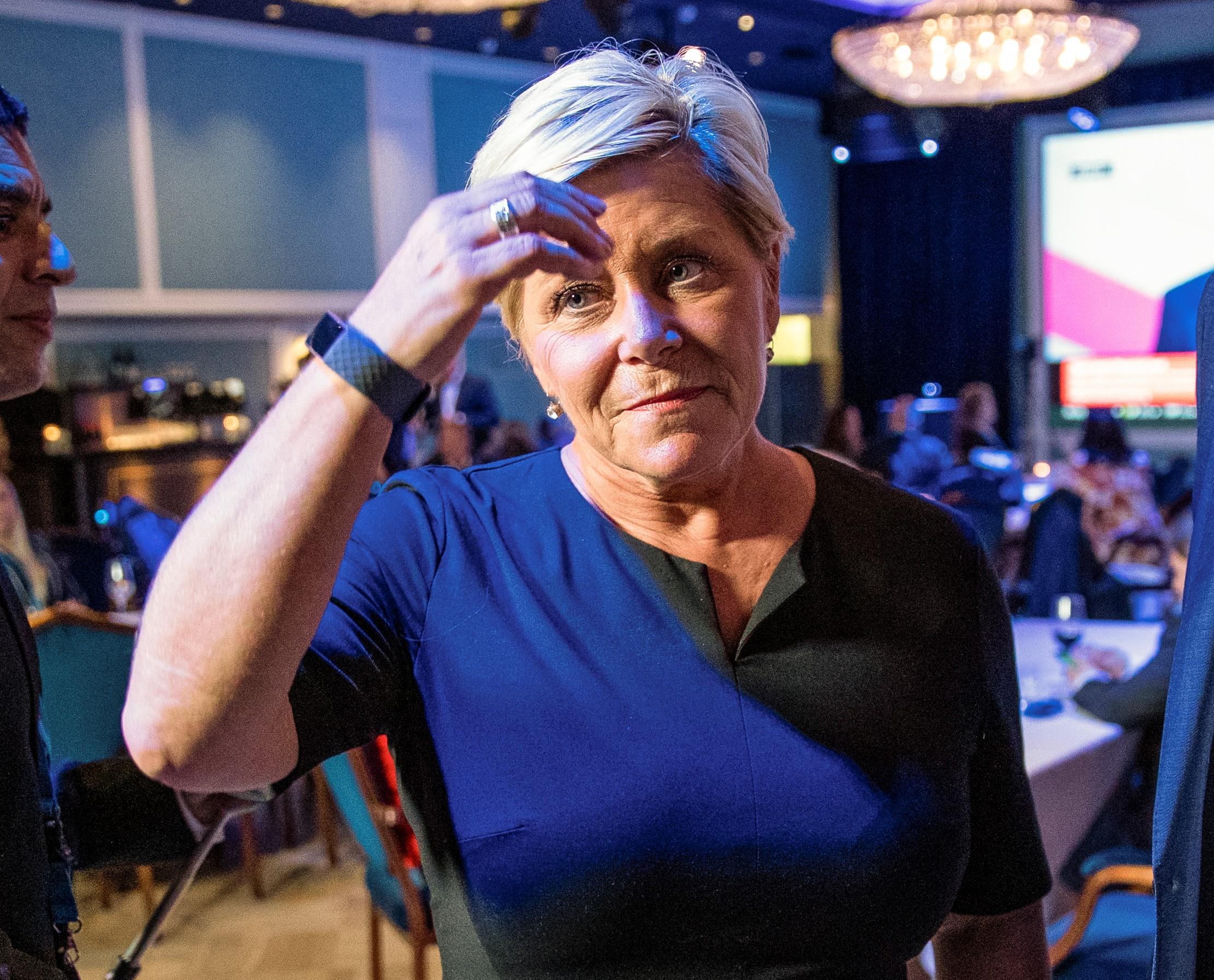 Oslo 20190909. 
Siv Jensen under valgvaken til Fremskrittspartiet på Hotel Bristol i Oslo.
Foto: Stian Lysberg Solum / NTB scanpix