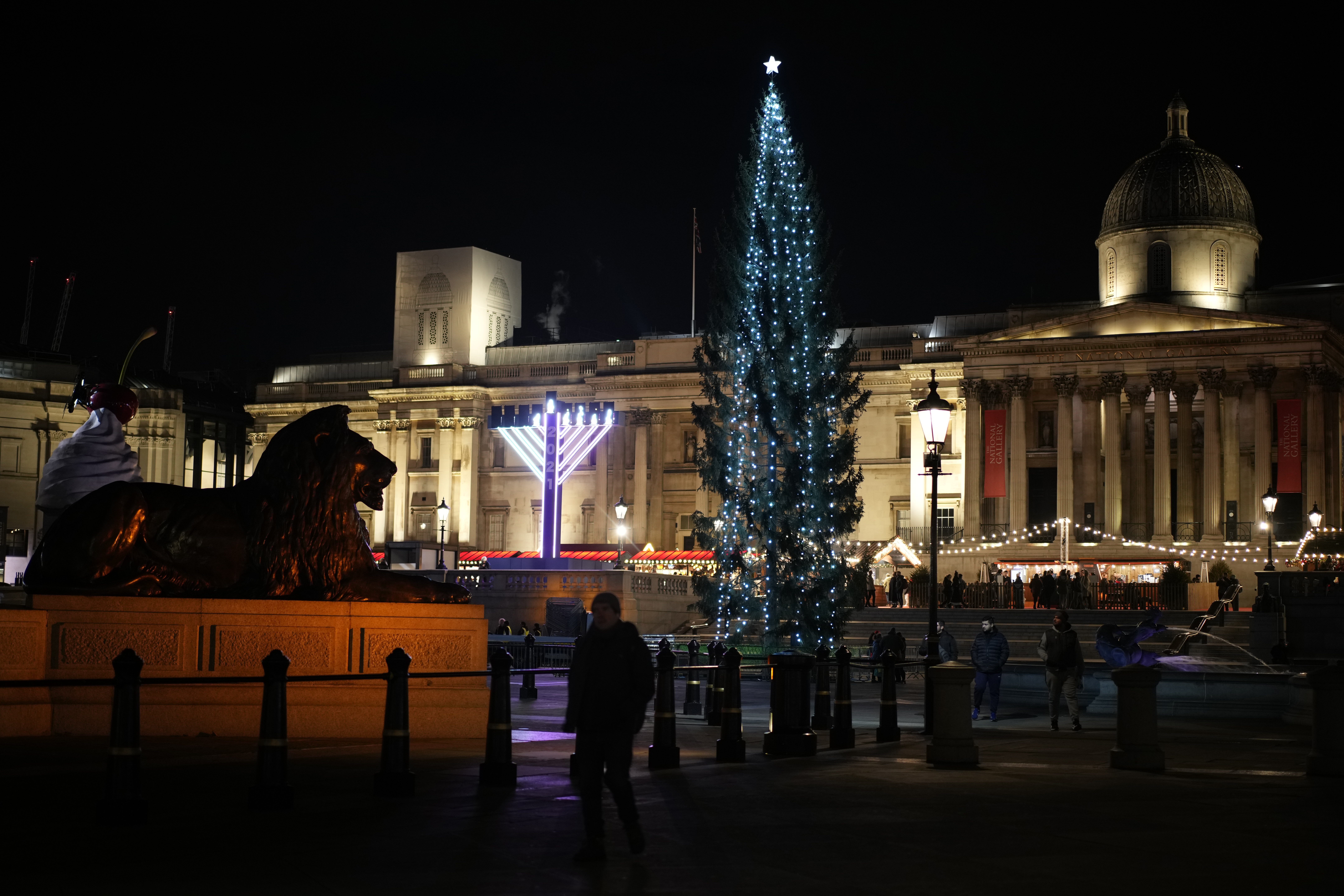 The Norwegian Christmas tree stands with its lights turned on after a lighting ceremony in Trafalgar Square, in London, Thursday, Dec. 2, 2021. The Christmas tree is an annual gift from the city of Oslo to the people of Britain as a token of thanks for British support during their years of occupation in World War II. (AP Photo/Matt Dunham)