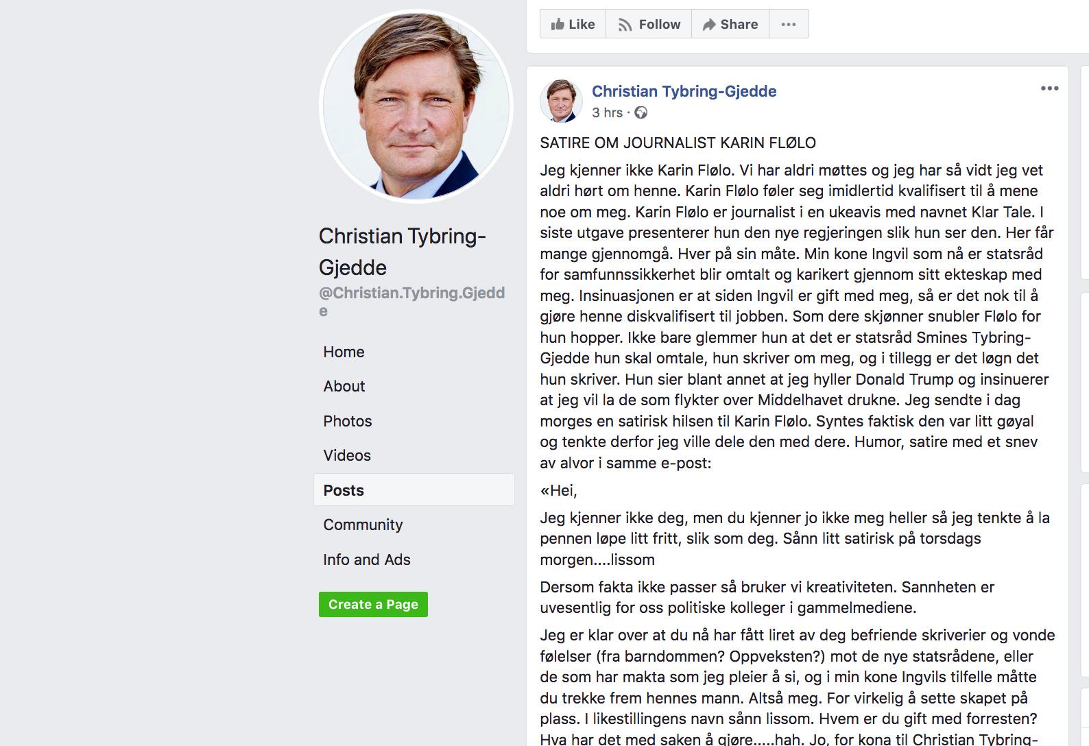 HETS: Politiker og stortingsrepresentant Christian Tybring-Gjedde hetser en Klar Tale-journalist på sin Facebook-side.