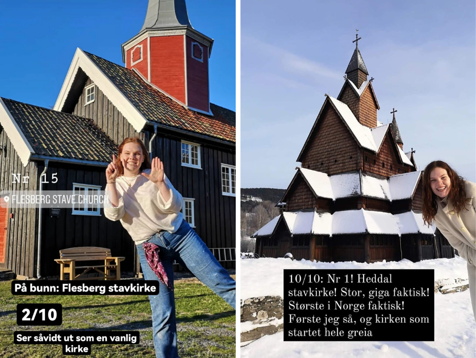 Gyda Elisa Sæter foran Flesberg og Heddal stavkirke