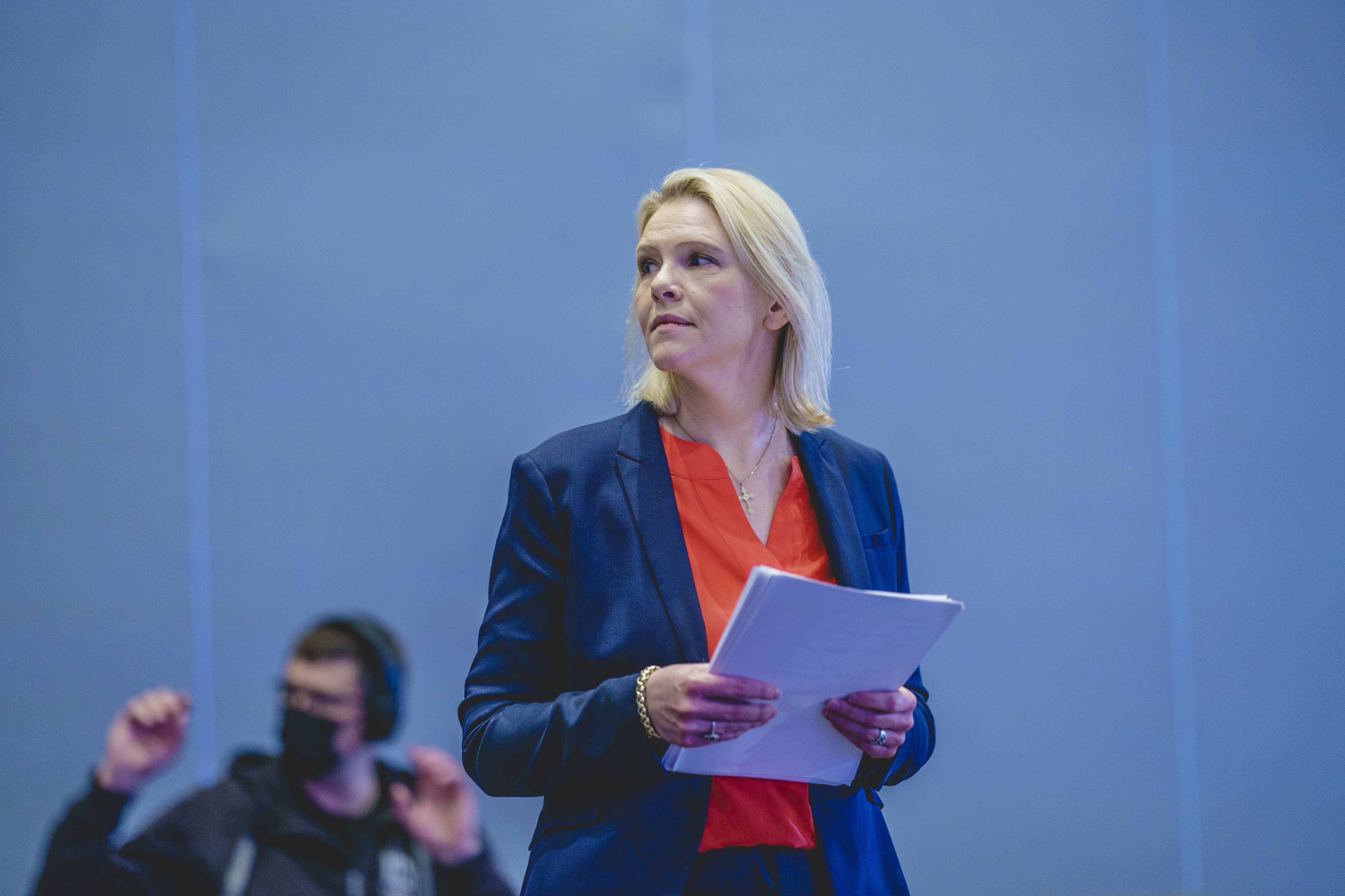 Sylvi Listhaug før talen som partileder i Frp under det digitale landsmøtet på Gardermoen.