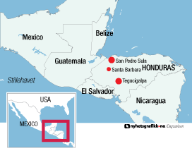 Kart over Honduras og nabolandene.