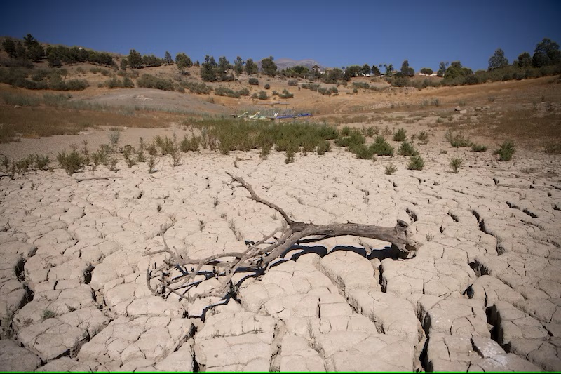 Dette er fra fjorårets tørkesommer i Spania og viser det tørkerammede vannreservoaret La Vinuela nær Malaga.