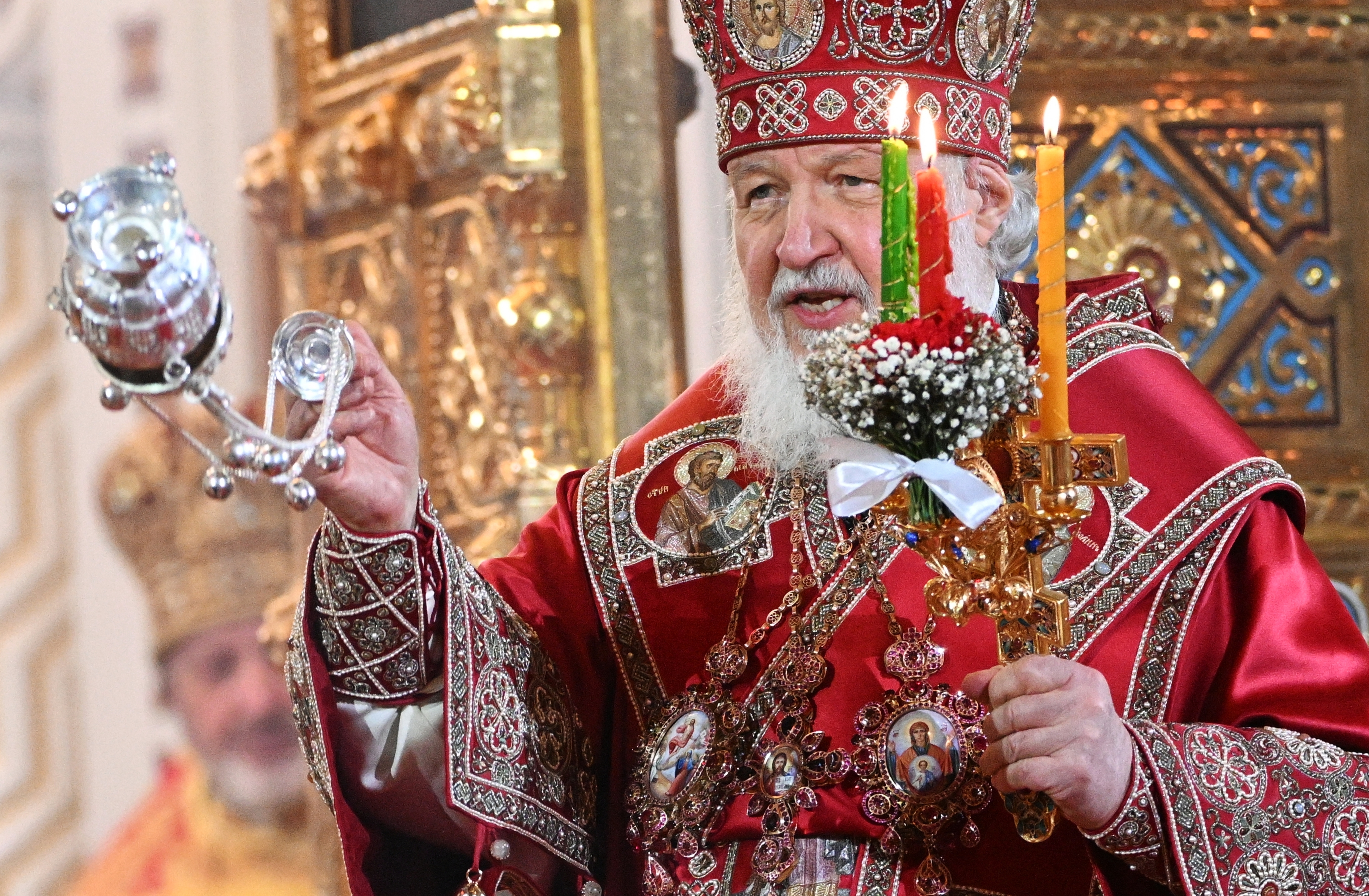 Russian Orthodox Church Patriarch Kirill conducts an Orthodox Easter service in the Christ the Savior Cathedral in Moscow, Russia, Saturday, April 15, 2023. (Pavel Bednyakov, Sputnik, Kremlin Pool Photo via AP)