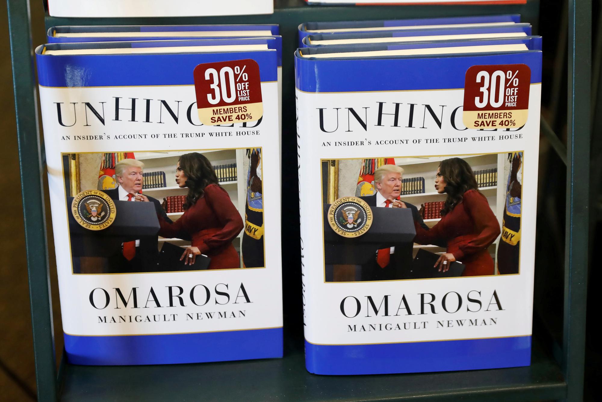 The book "Unhinged" by former White House staffer Omarosa Manigault Newman on her time in the White House administration is seen for sale in Manhattan, New York, U.S., August 14, 2018.  REUTERS/Shannon Stapleton   NO RESALES. NO ARCHIVES