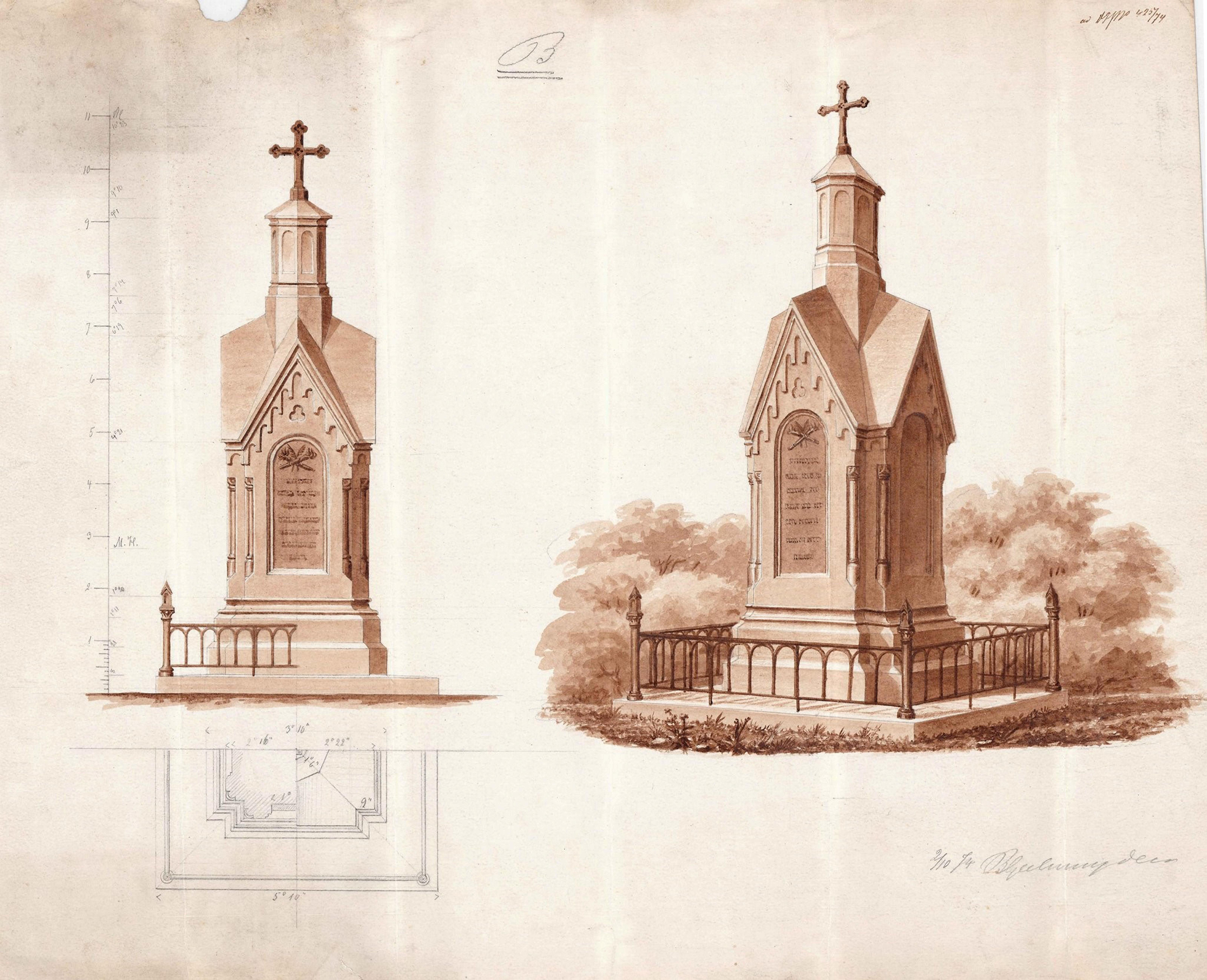 Skisse av utkast til et felles minnesmerke over bybrannen og Bragernes gamle kirke.