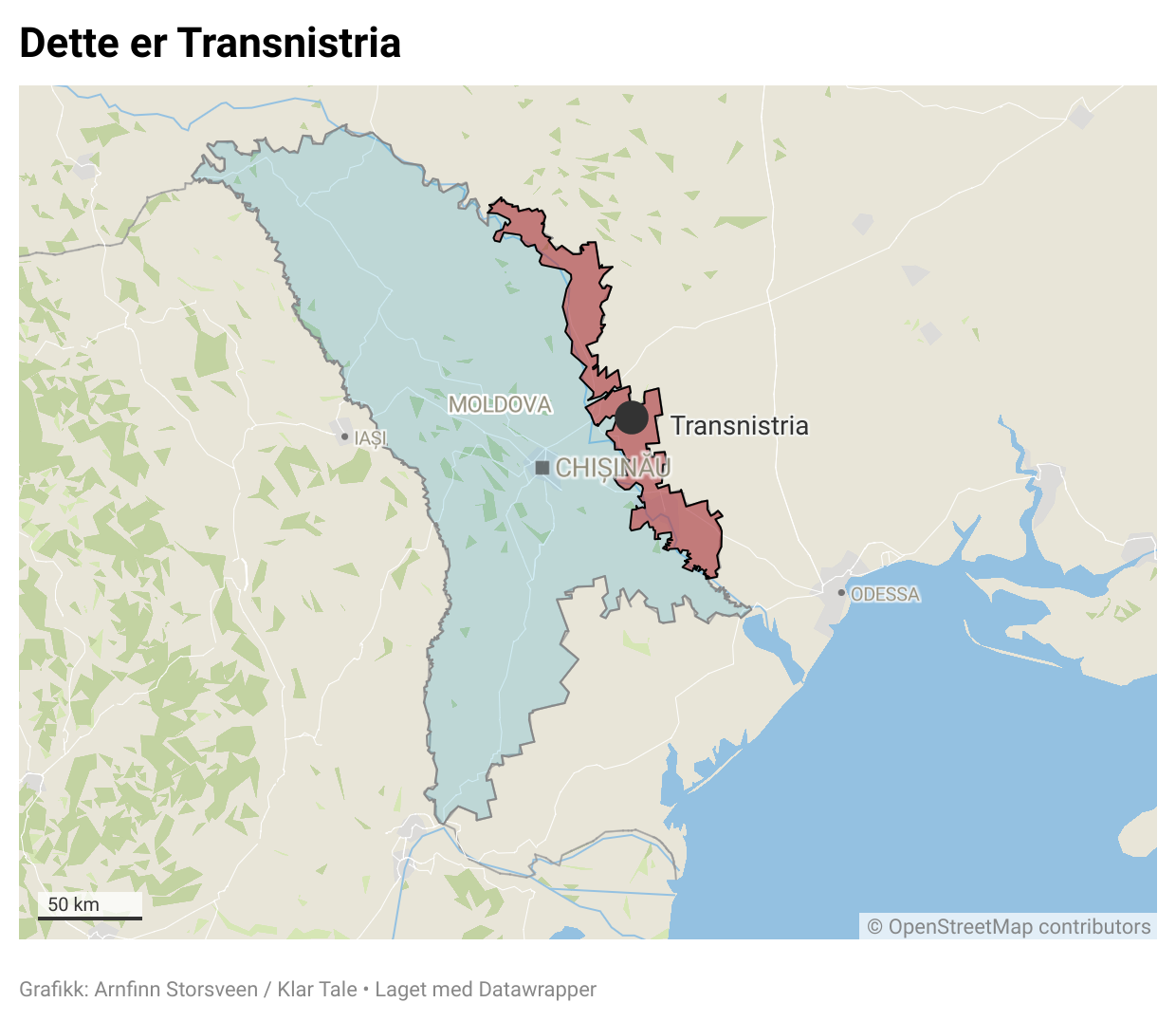 Bildet er et kart som viser Moldova i lyseblått. Transnistria i rødt er også en del av landet. Men regionen har lenge ment at de vil være et eget land. I flere tiår har det vært russiske soldater der, selv om Moldova vil ha dem bort.