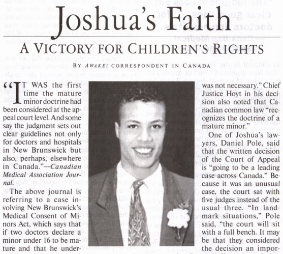 FAKSIMILE: Den canadiske tenåringen Joshua Walker fikk rettslig medhold i at han kunne nekte blodoverføring, selv om han var mindreårig. Faksimilen viser en artikkel om Walker fra trossamfunnets medlemsblad fra 1995.