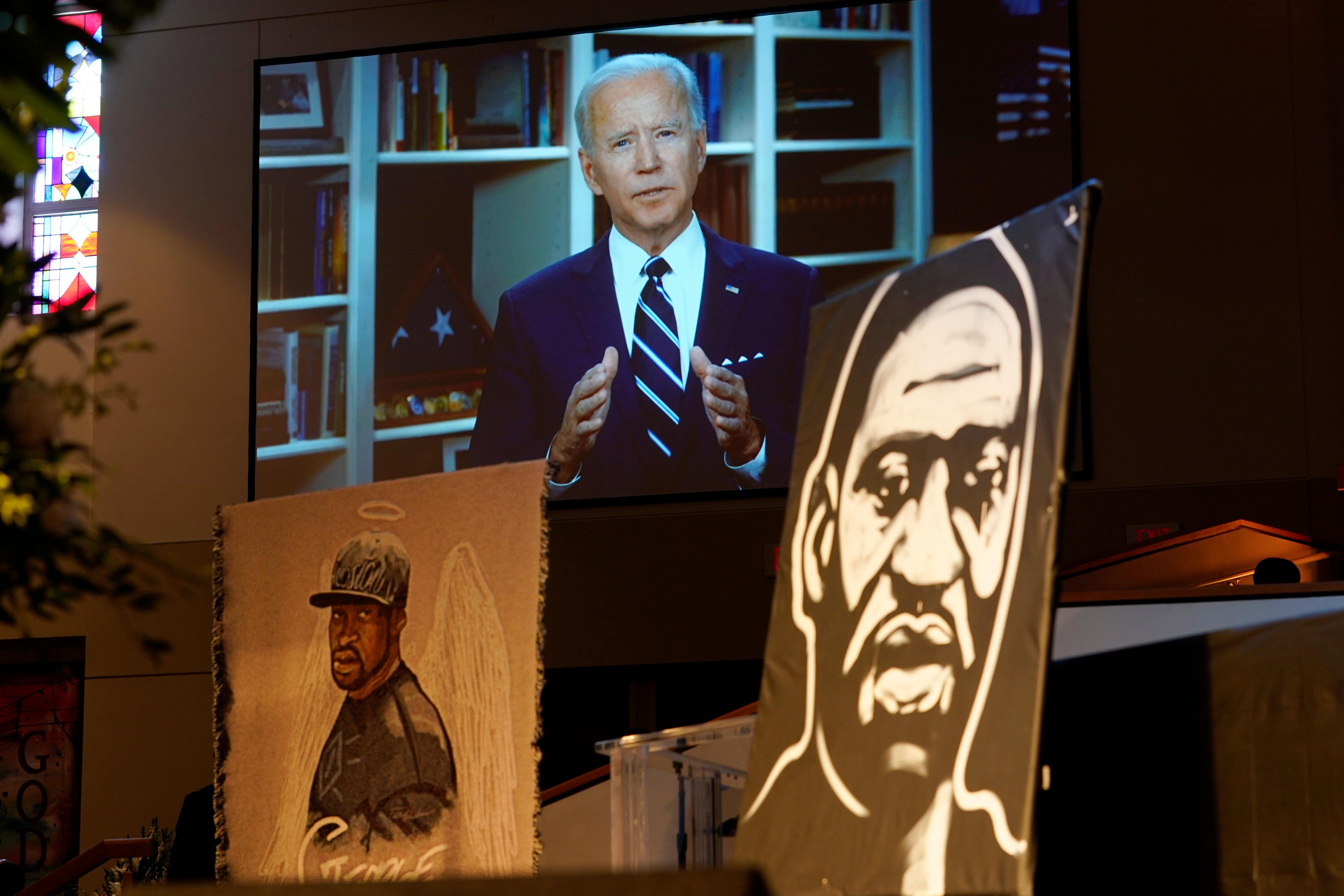 Democratic presidential candidate, former Vice President Joe Biden speaks via video link as family and guests attend the funeral service for George Floyd at The Fountain of Praise church Tuesday, June 9, 2020, in Houston. (AP Photo/David J. Phillip, Pool)